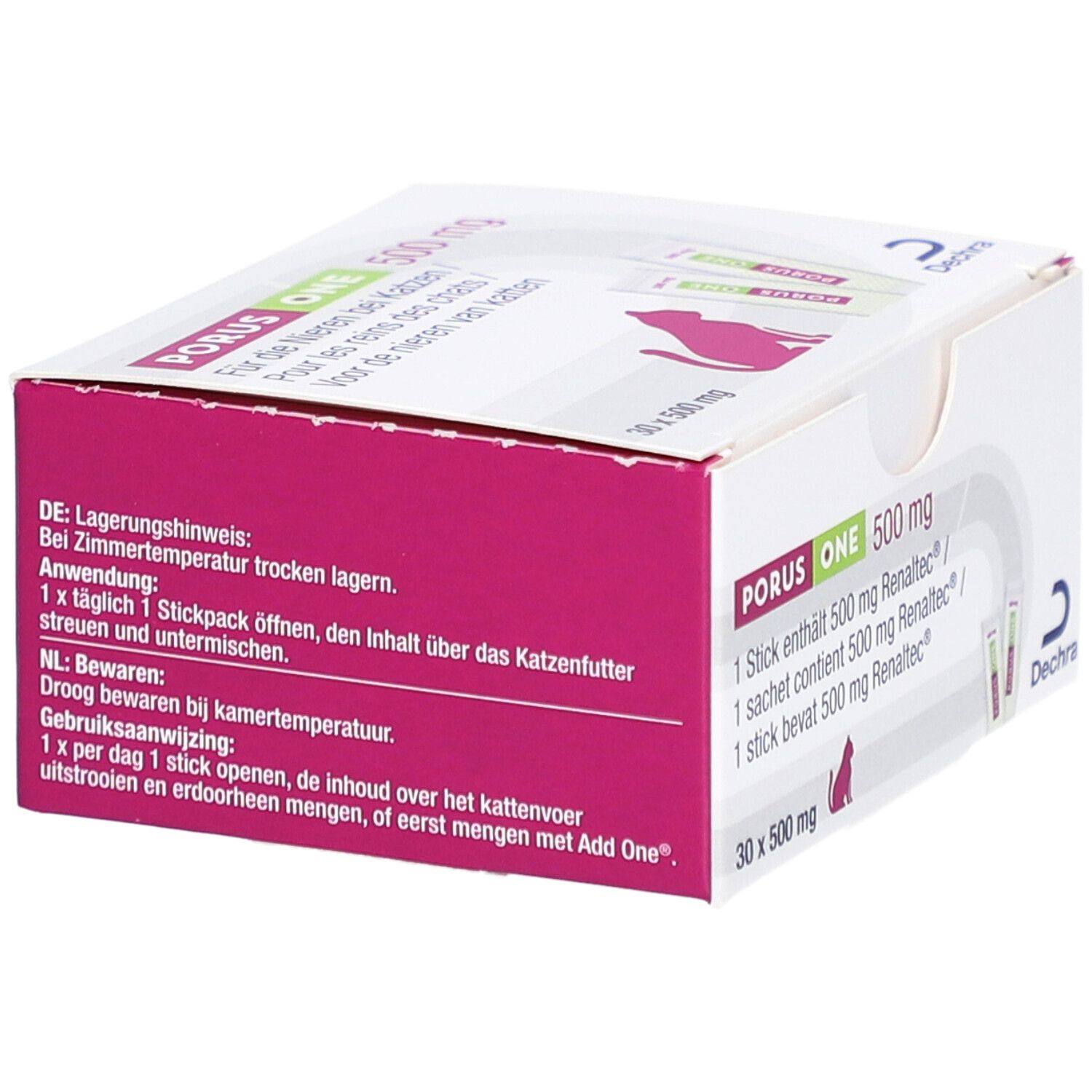 Porus One 500 mg Box. Rosa und weiße Verpackung mit Produktinformationen. Text in Deutsch und Niederländisch.