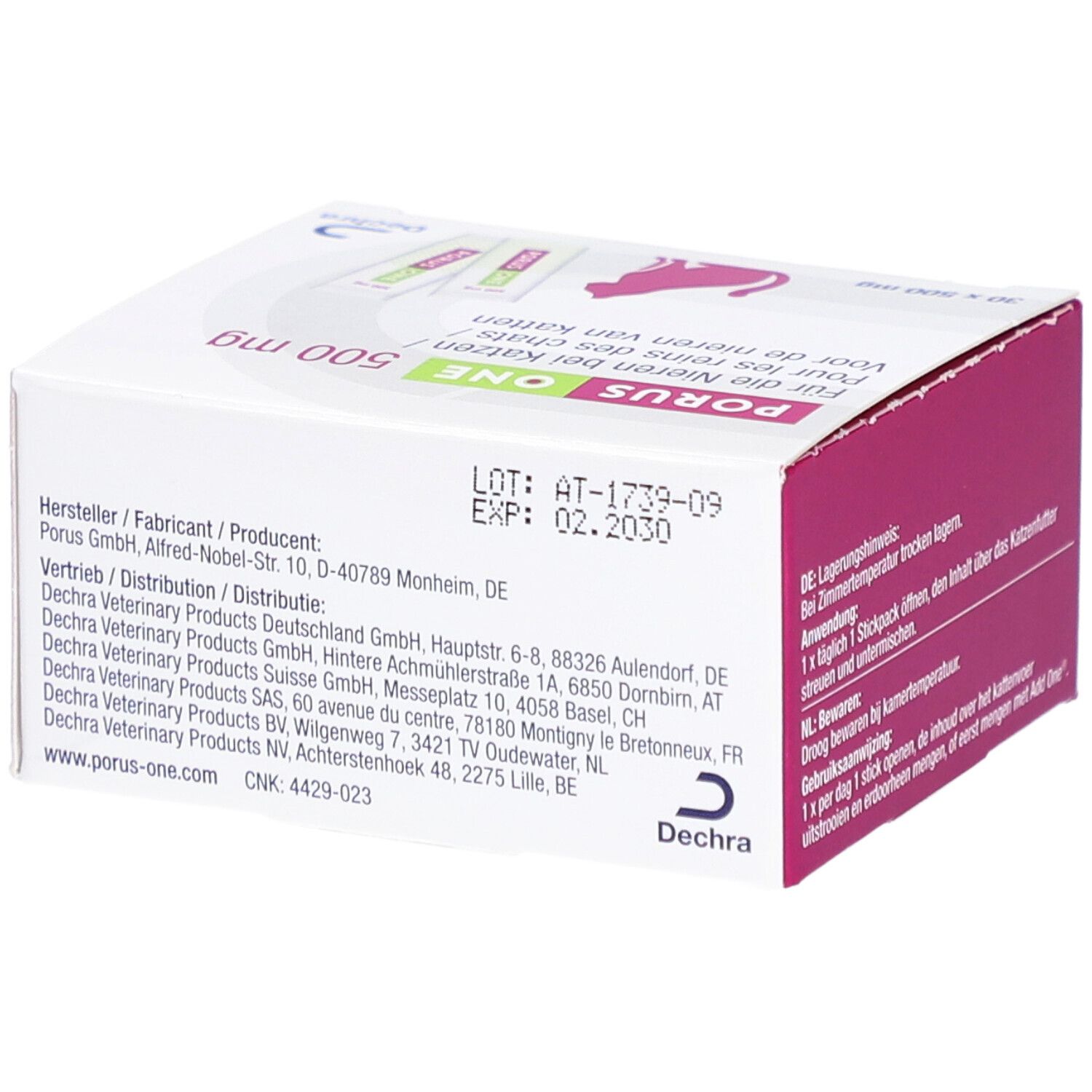 Porus One 500 mg Box. Rückseite mit Hersteller- und Vertriebsinformationen. Text in mehreren Sprachen.