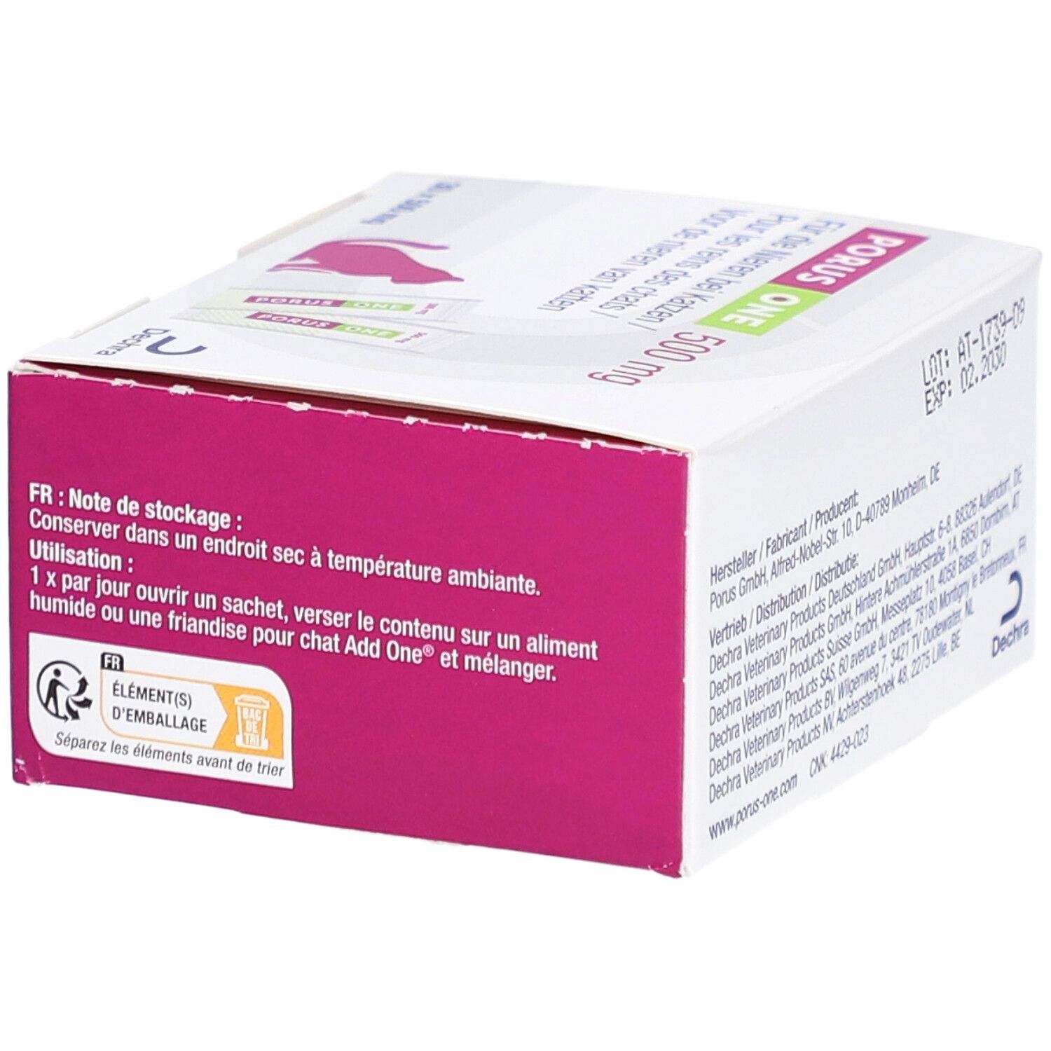 Porus One 500 mg Box. Seite mit Lager- und Anwendungshinweisen. Text in Deutsch und Französisch.