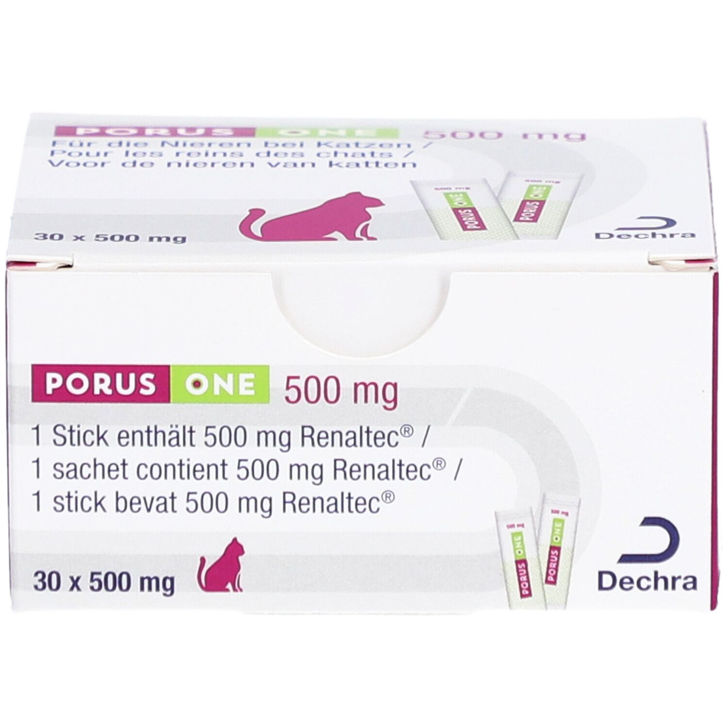 Porus One 500 mg Box. Enthält 30 Beutel. Rosa und weiße Verpackung mit Produktinformationen und Logo.