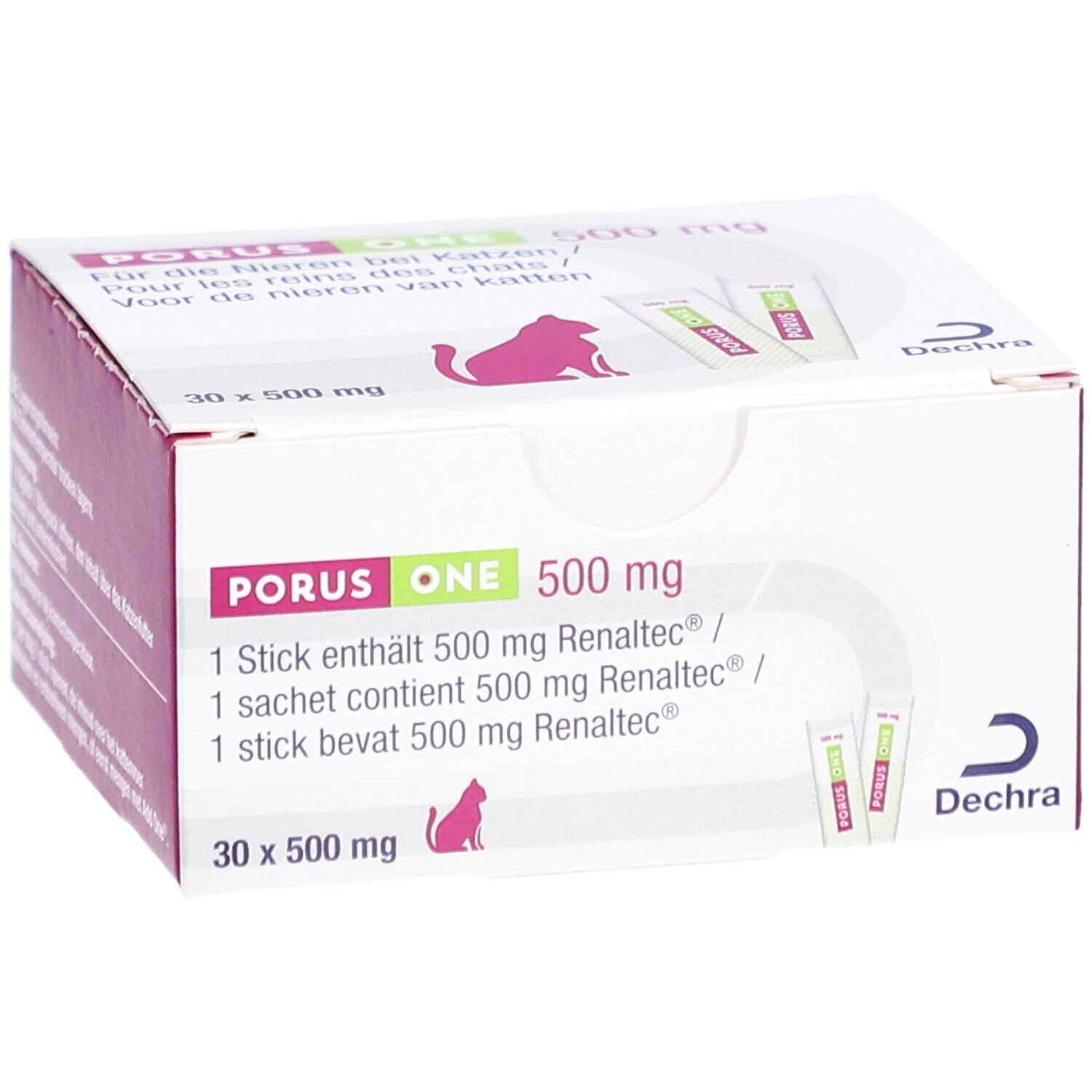 Porus One 500 mg Box. Enthält 30 Beutel. Rosa und weiße Verpackung mit Produktinformationen und Logo.