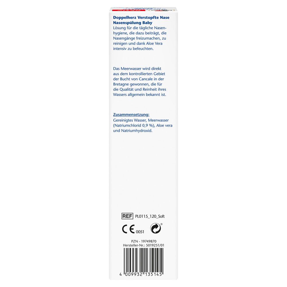 Produktverpackung. Doppelherz aktiv Nasenspülung Baby. Text: Zusammensetzung, Meerwasser, Aloe Vera. CE-Zeichen.