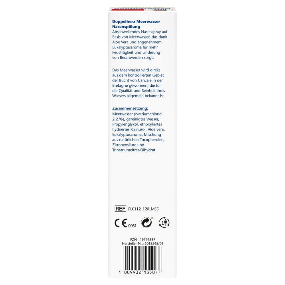 Rückseite der Verpackung der Nasenspülung mit Inhaltsstoffen und CE-Kennzeichnung.