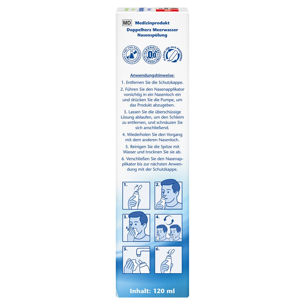 Seitenansicht der Verpackung der Nasenspülung mit Anwendungshinweisen und CE-Kennzeichnung.