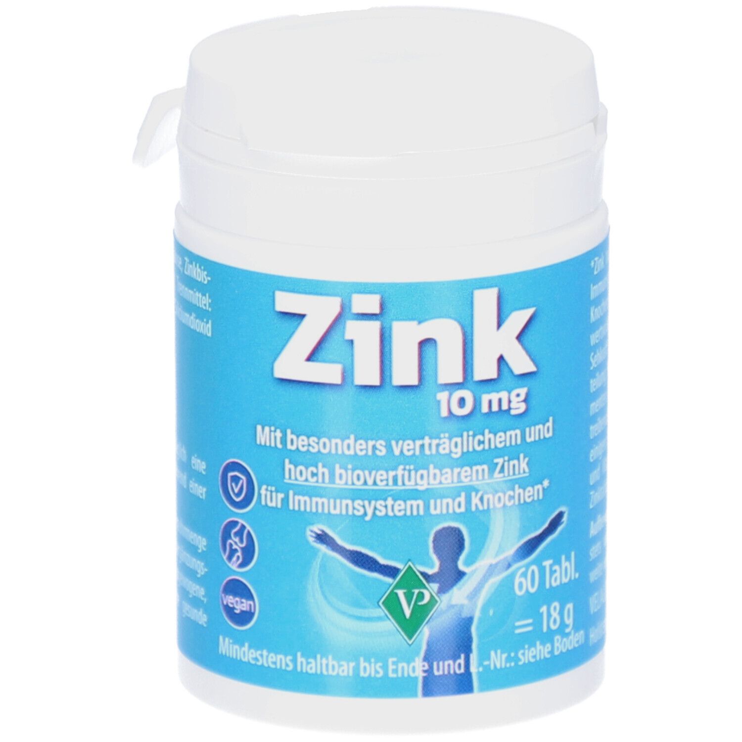 Weiße Dose mit blauem Etikett. Aufschrift: Zink 10 mg, 60 Tabletten. Enthält Zink für Immunsystem und Knochen.