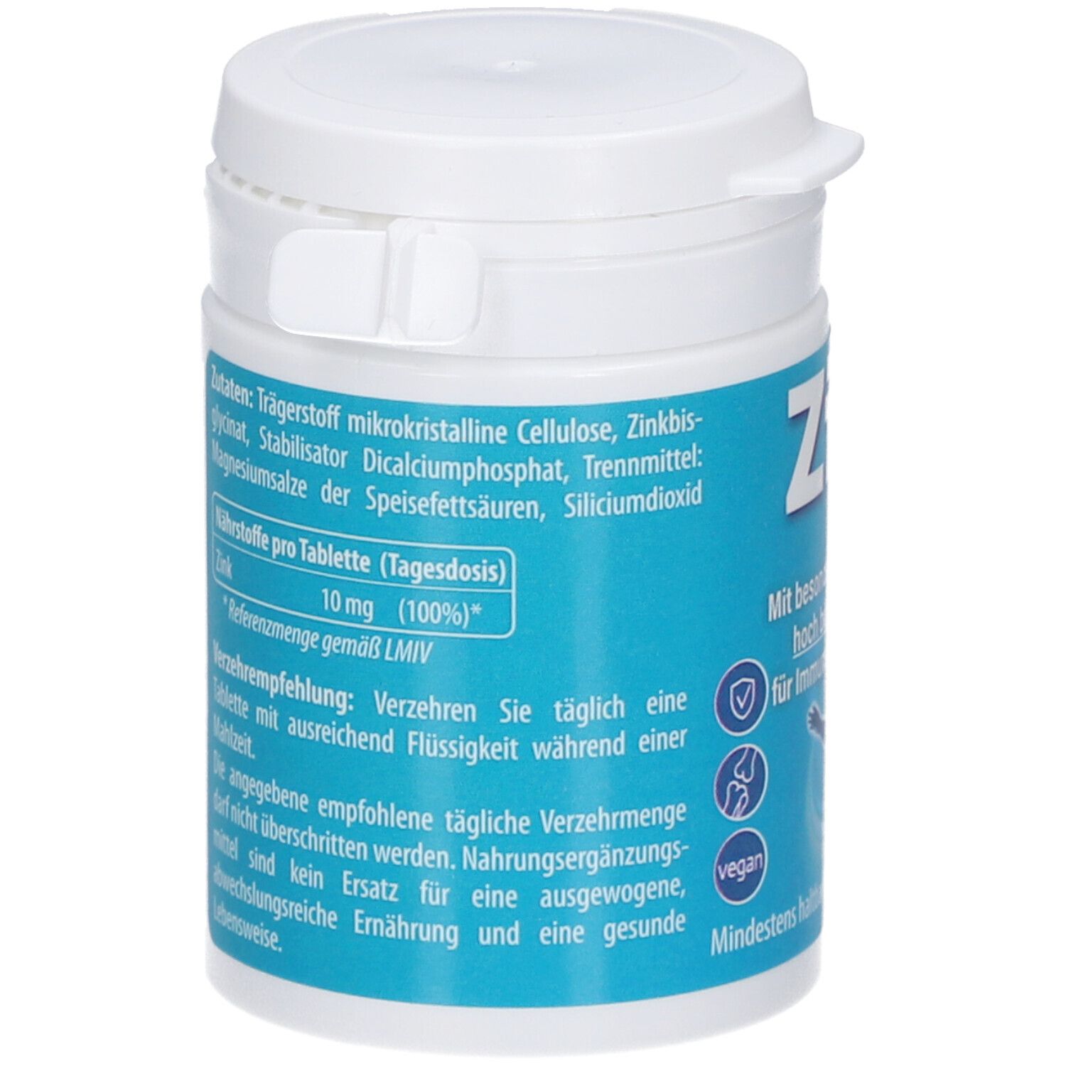 Rückseite der weißen Dose mit blauer Beschriftung. Enthält Informationen zu Inhaltsstoffen und Verzehrempfehlung.