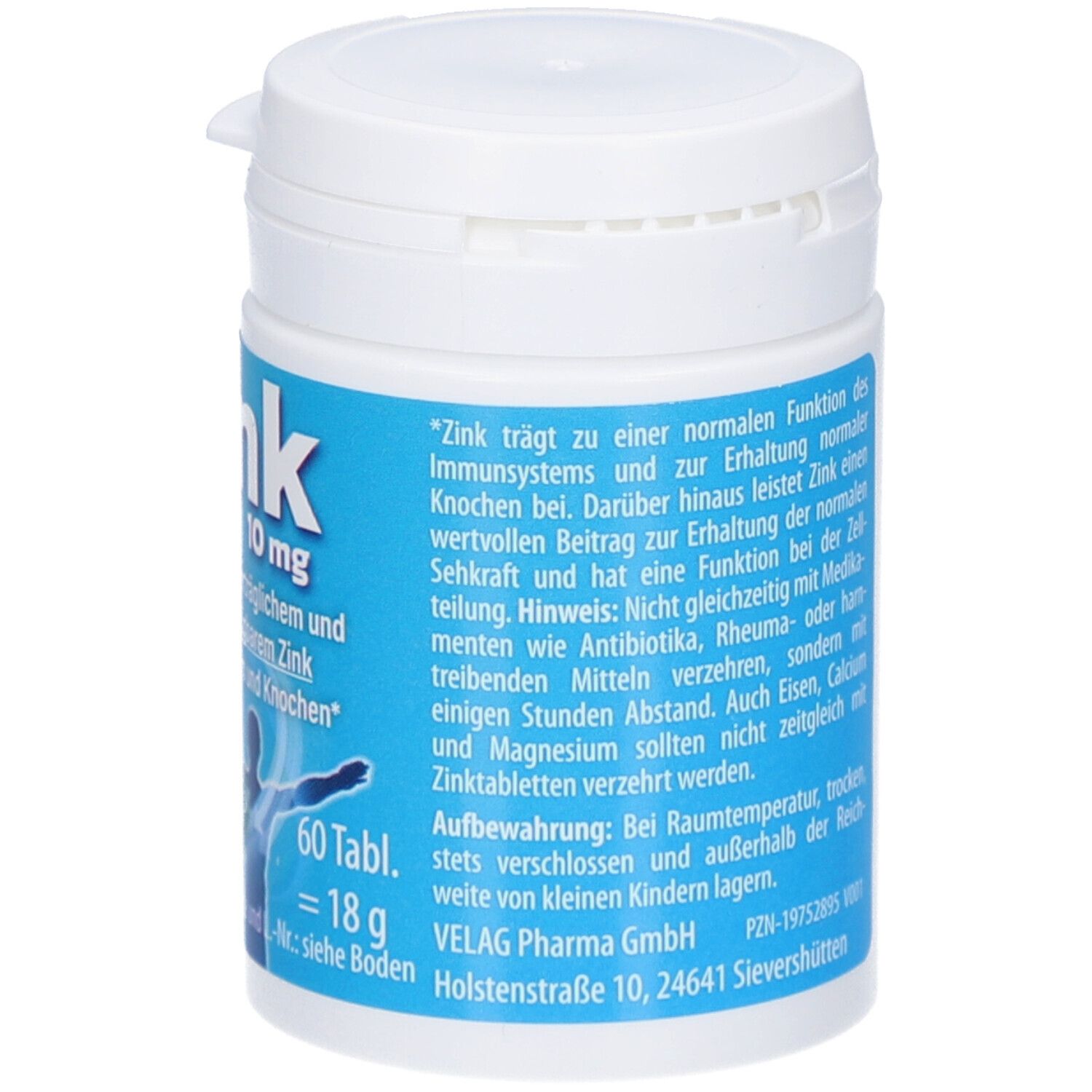 Weiße Dose mit blauem Etikett. Aufschrift: Zink 10 mg, 60 Tabletten. Enthält Zink für Immunsystem und Knochen.
