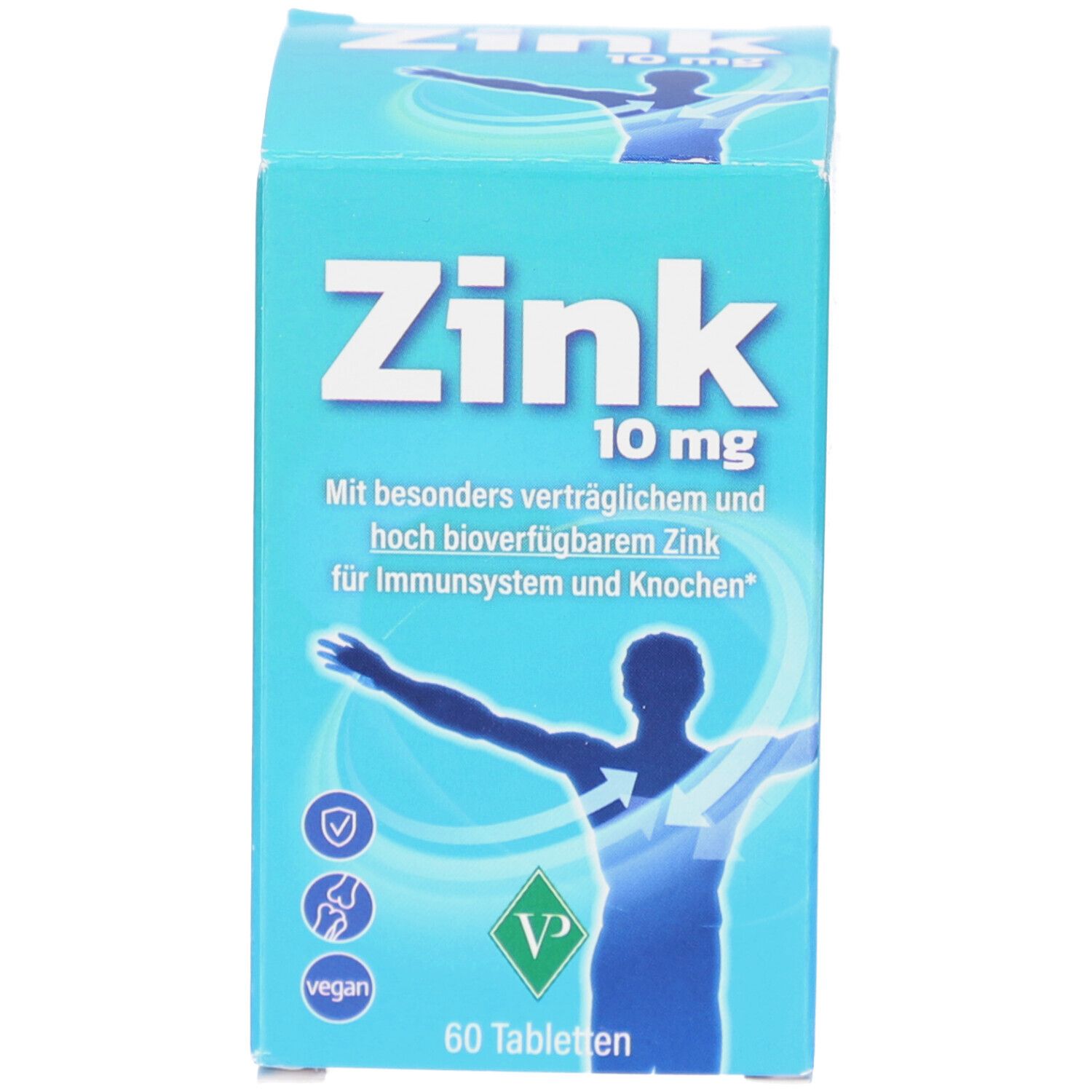 Blaue Schachtel mit Aufschrift: Zink 10 mg, 60 Tabletten. Enthält Zink für Immunsystem und Knochen.