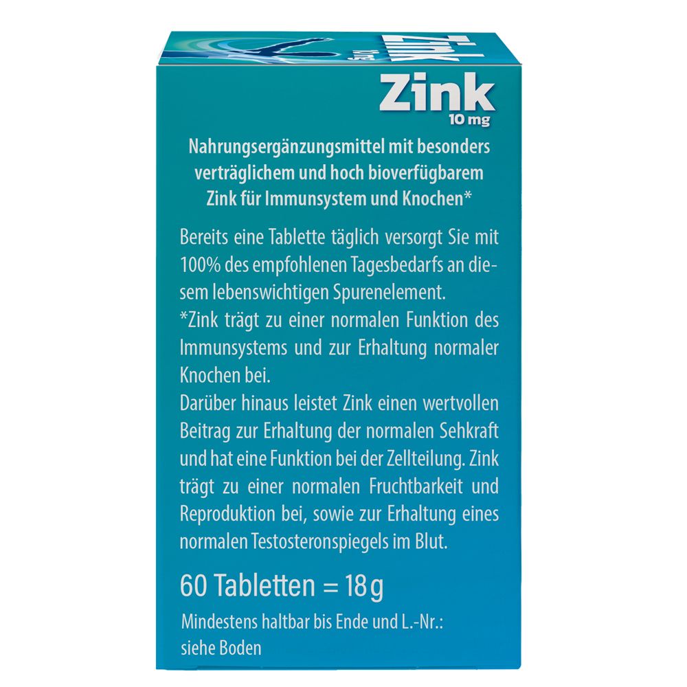 Rückseite der Zink 10 mg Tabletten-Verpackung. Enthält Informationen zu Inhaltsstoffen und Dosierung. 60 Tabletten.