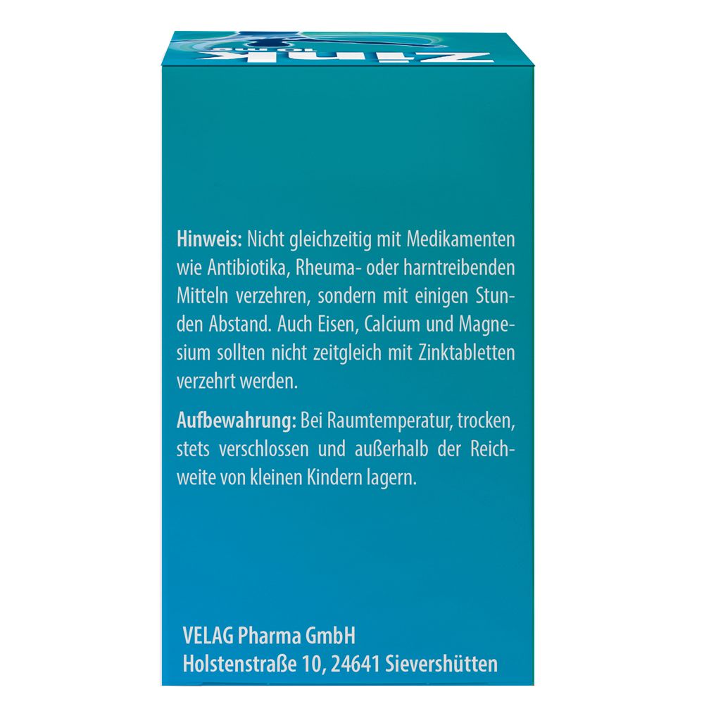 Rückseite der Zink 10 mg Tabletten-Verpackung. Enthält Hinweise und Lagerungsinformationen. Velag Pharma.