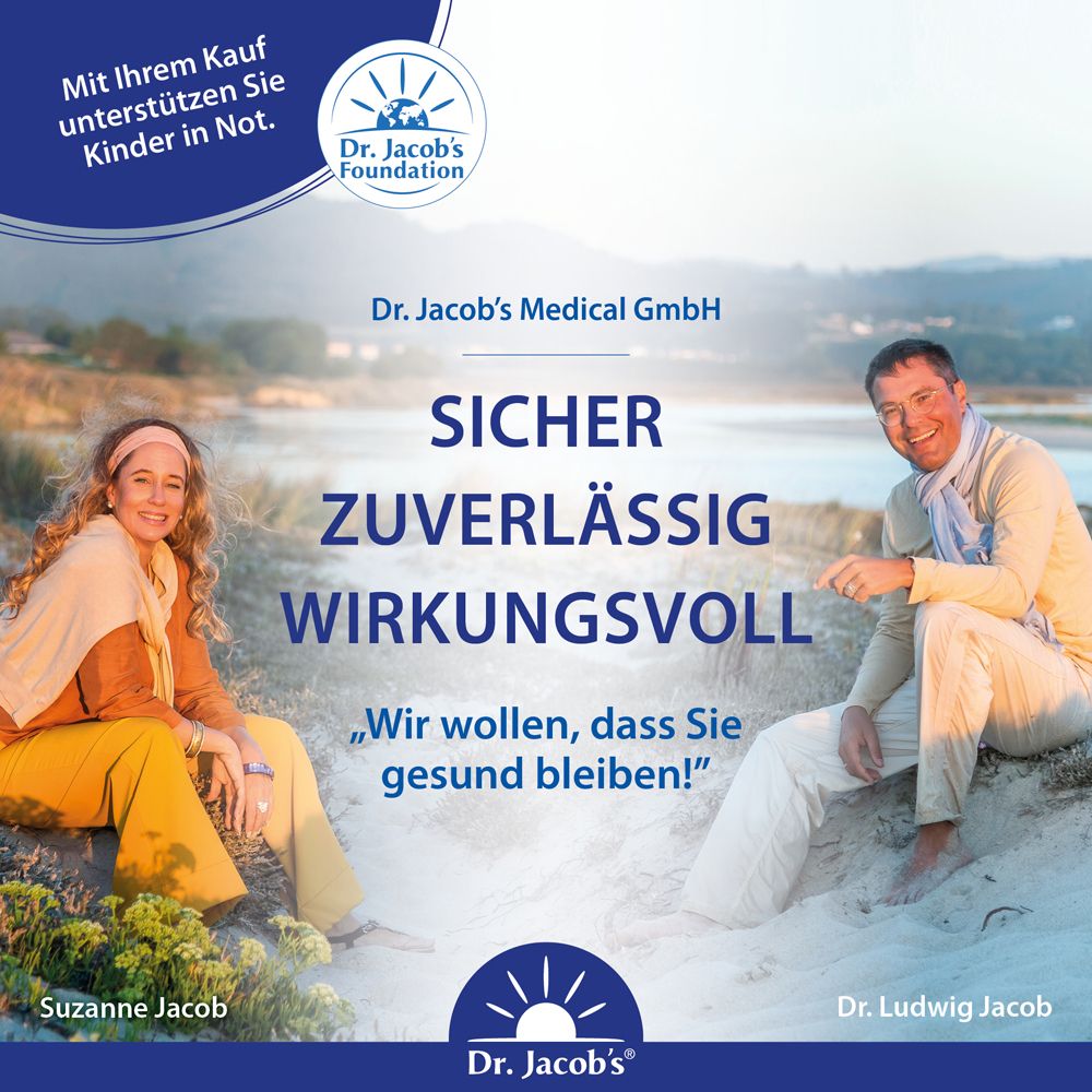 Foto von zwei Personen am Strand. Text: Sicher, zuverlässig, wirkungsvoll. Dr. Jacob's Foundation. Dr. Jacob's Medical GmbH.