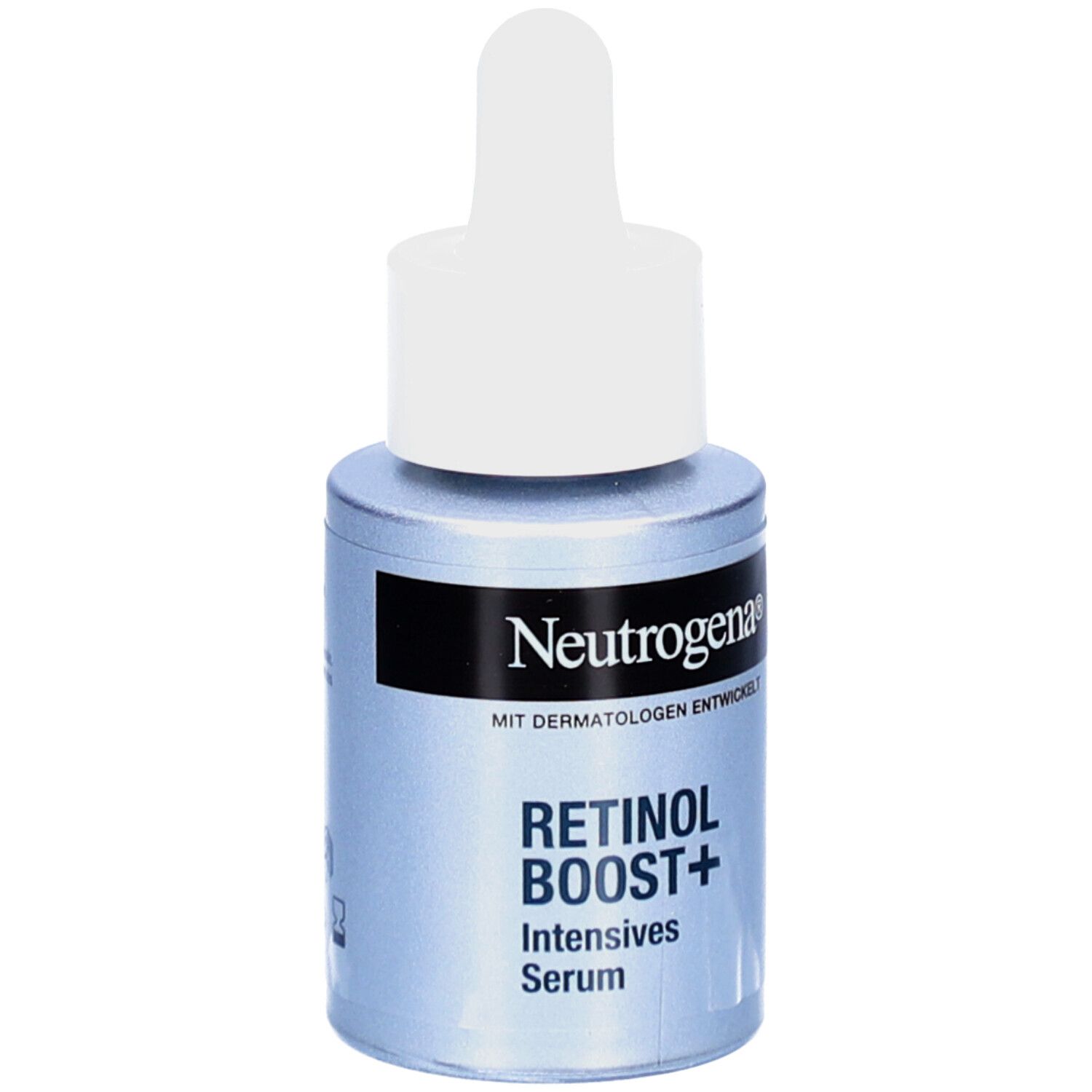 Serumflasche mit weißem Deckel und Pipette. Aufschrift: Neutrogena, Retinol Boost+ Intensives Serum.