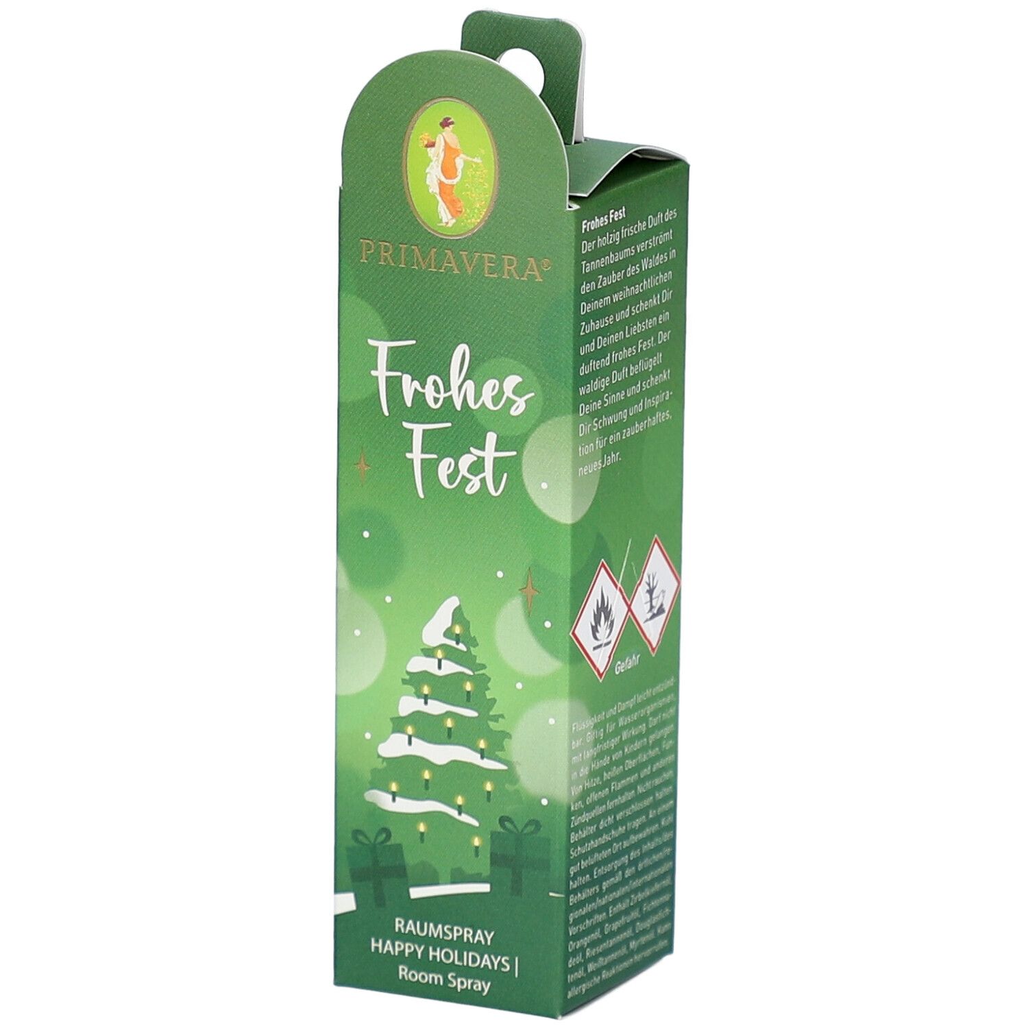 Grüne Verpackung mit Aufdruck "Frohes Fest" und Weihnachtsbaum-Motiv. Enthält Raumspray. Marke Primavera.
