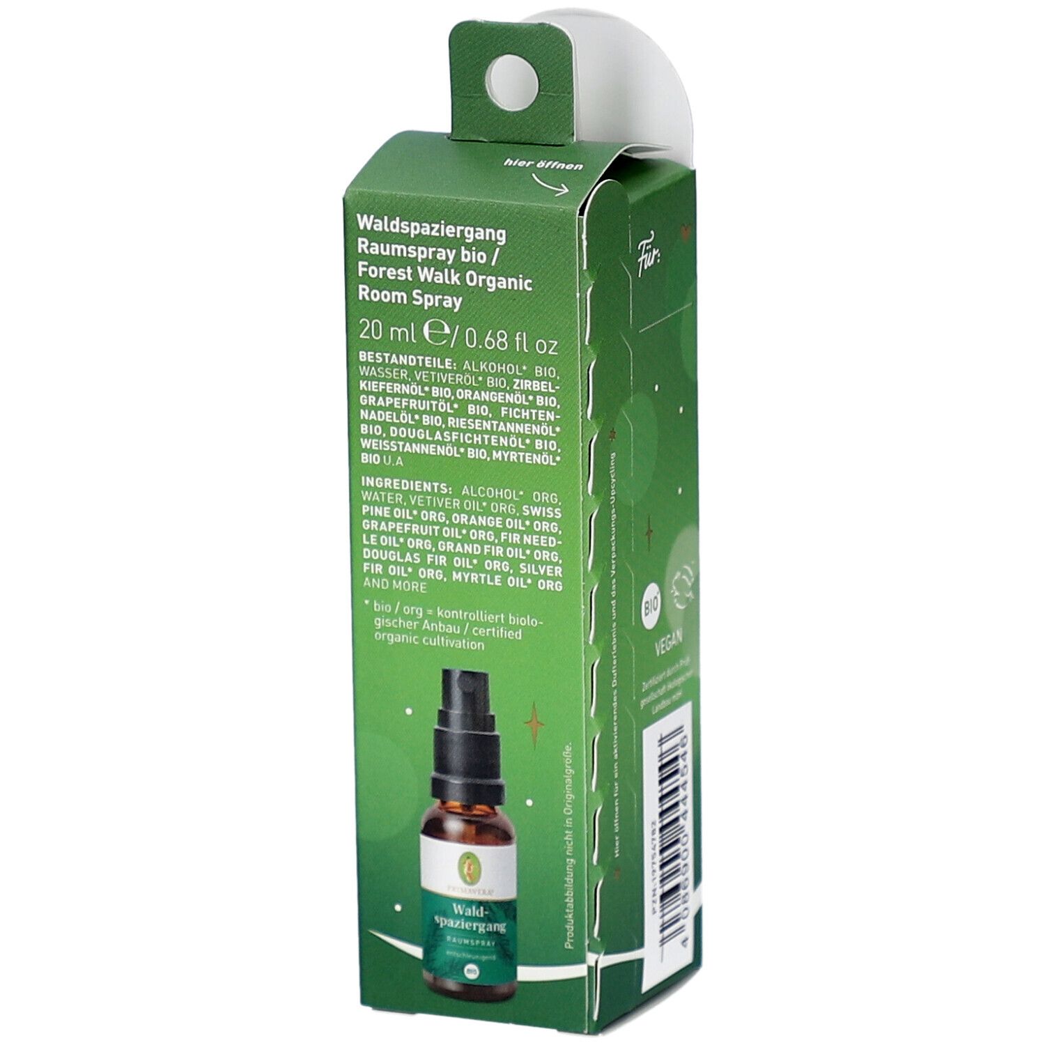 Grüne Verpackung mit Raumspray-Fläschchen. Enthält 20 ml. Inhaltsstoffe und Marke Primavera.