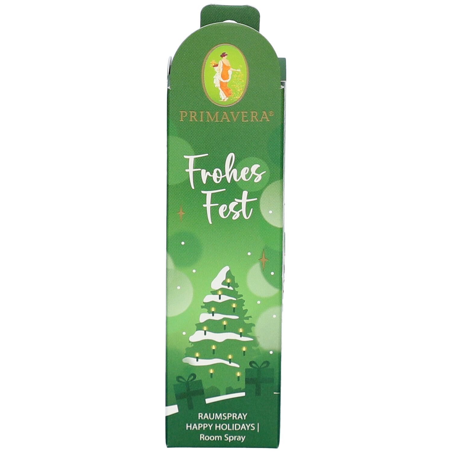 Grüne Verpackung mit "Frohes Fest" und Weihnachtsbaum-Motiv. Marke Primavera. Raumspray.