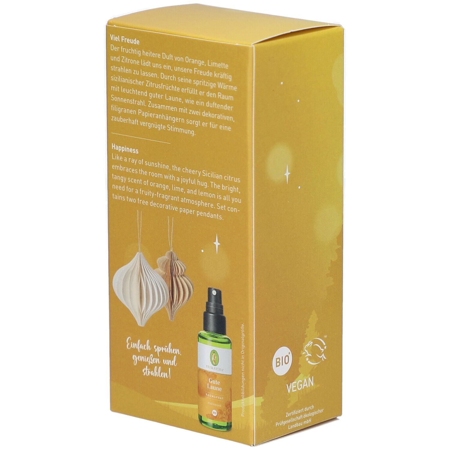 Rückseite der gelben Schachtel mit Primavera-Logo. Enthält Raumspray und Papieranhänger. Bio- und Vegan-Siegel.