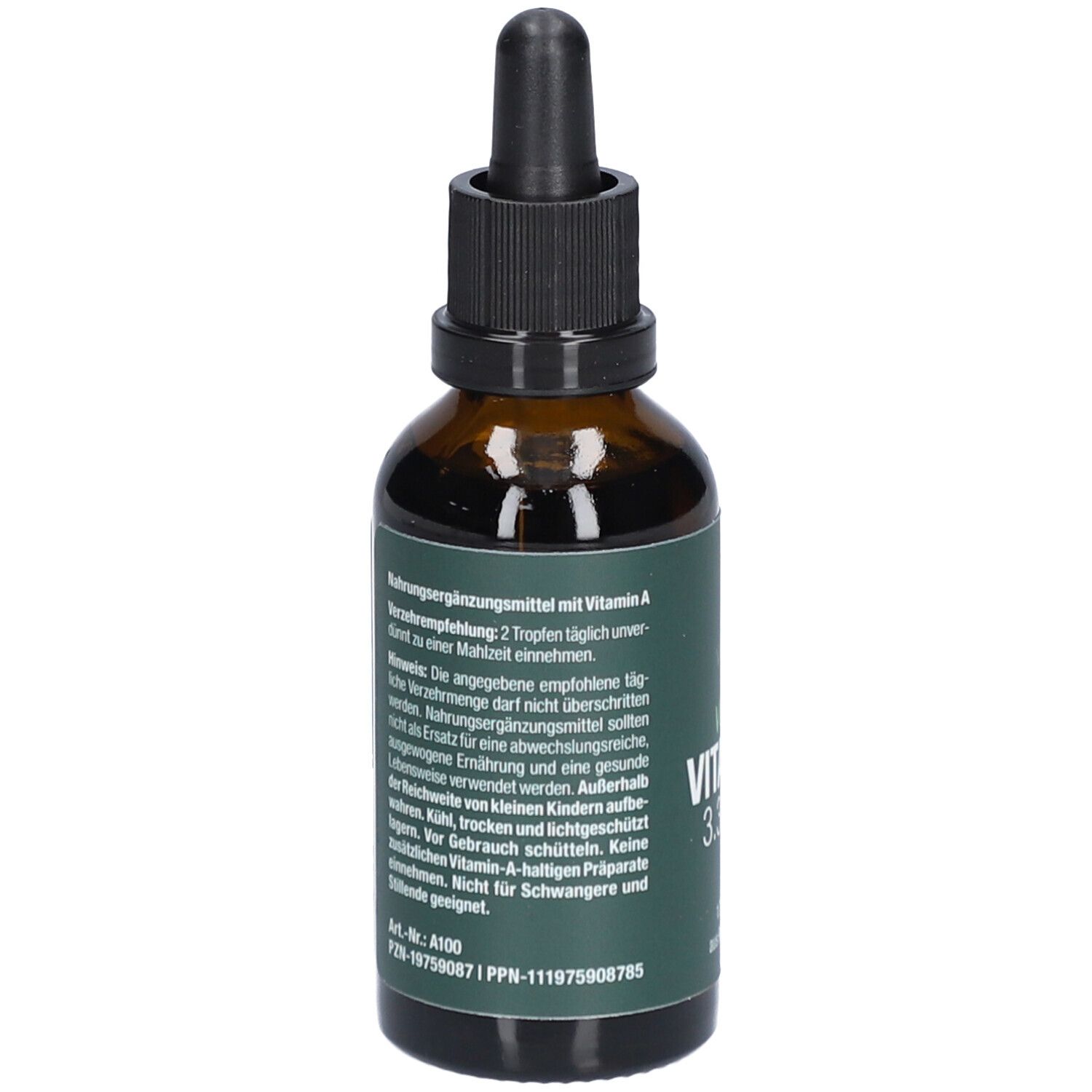 Vitactiv Vitamin A Tropfen-Flasche. Braunes Glas, schwarzer Tropfer. Text auf Etikett.