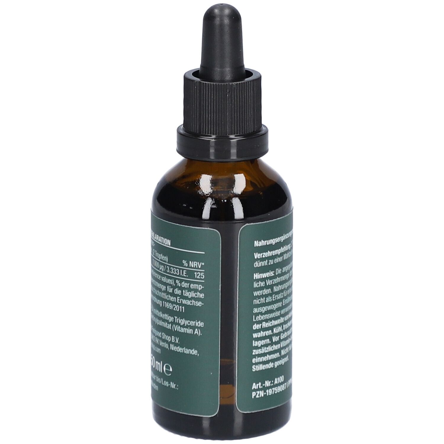 Vitactiv Vitamin A Tropfen-Flasche. Rückansicht. Braunes Glas, schwarzer Tropfer. Text auf Etikett.