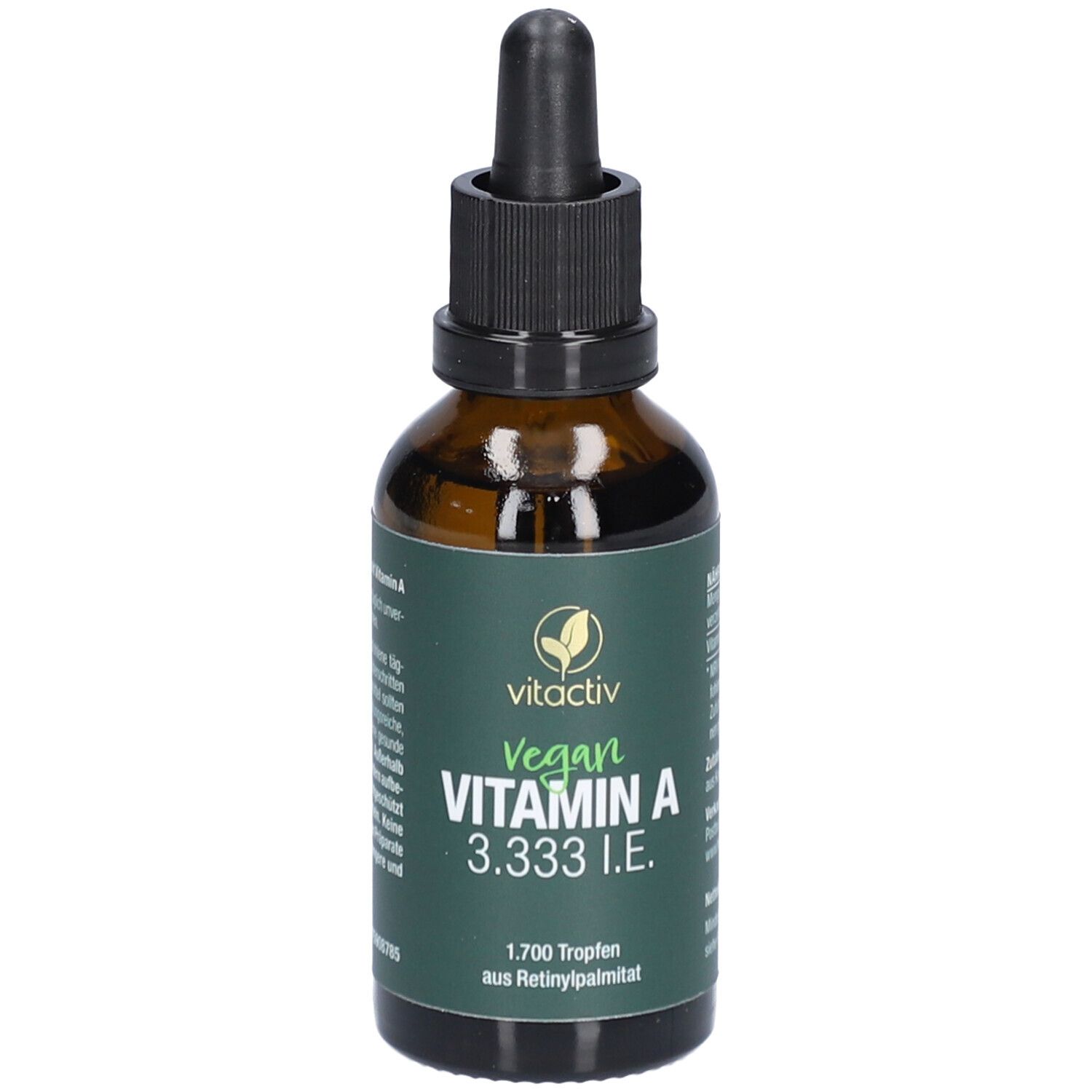 Vitactiv Vitamin A Tropfen-Flasche. Braunes Glas, schwarzer Tropfer. Text auf Etikett.