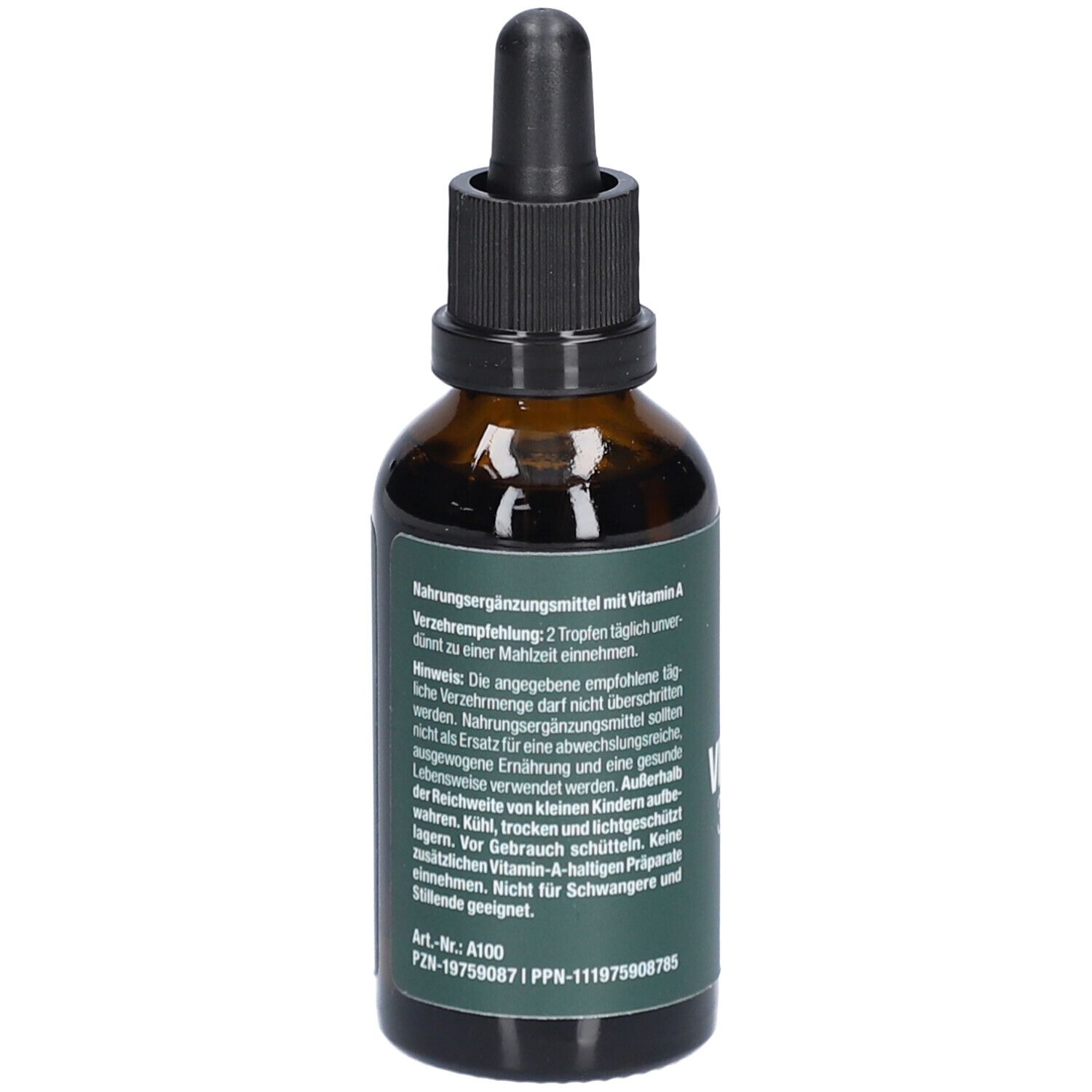 Vitactiv Vitamin A Tropfen-Flasche. Braunes Glas, schwarzer Tropfer. Text auf Etikett.