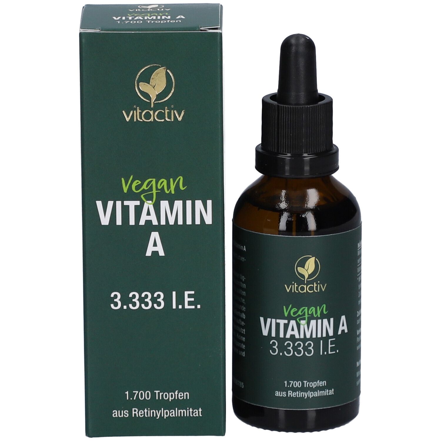 Vitactiv Vitamin A Tropfen-Flasche und Verpackung. Braunes Glas, schwarzer Tropfer. Grüne Verpackung.