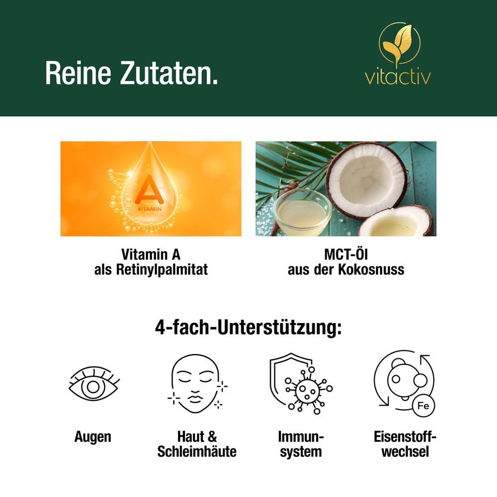 Grafik mit Bildern: Vitamin A, Kokosnussöl, Augen, Haut, Immunsystem, Eisenstoffwechsel. Text: Reine Zutaten. 4-fach-Unterstützung.