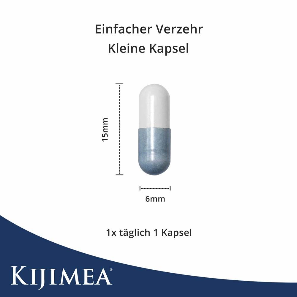 Kapsel, blau-weiß, mit Maßangaben: 15mm lang, 6mm Durchmesser. Text: Einfacher Verzehr, 1x täglich 1 Kapsel. Kijimea Logo.