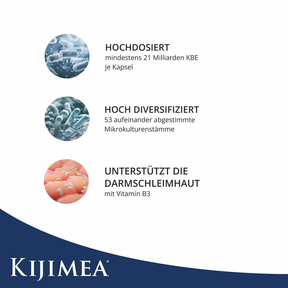 Grafik mit Text: 'HOCHDOSIERT', 'HOCH DIVERSIFIZIERT', 'UNTERSTÜTZT DIE DARMSCHLEIMHAUT'.