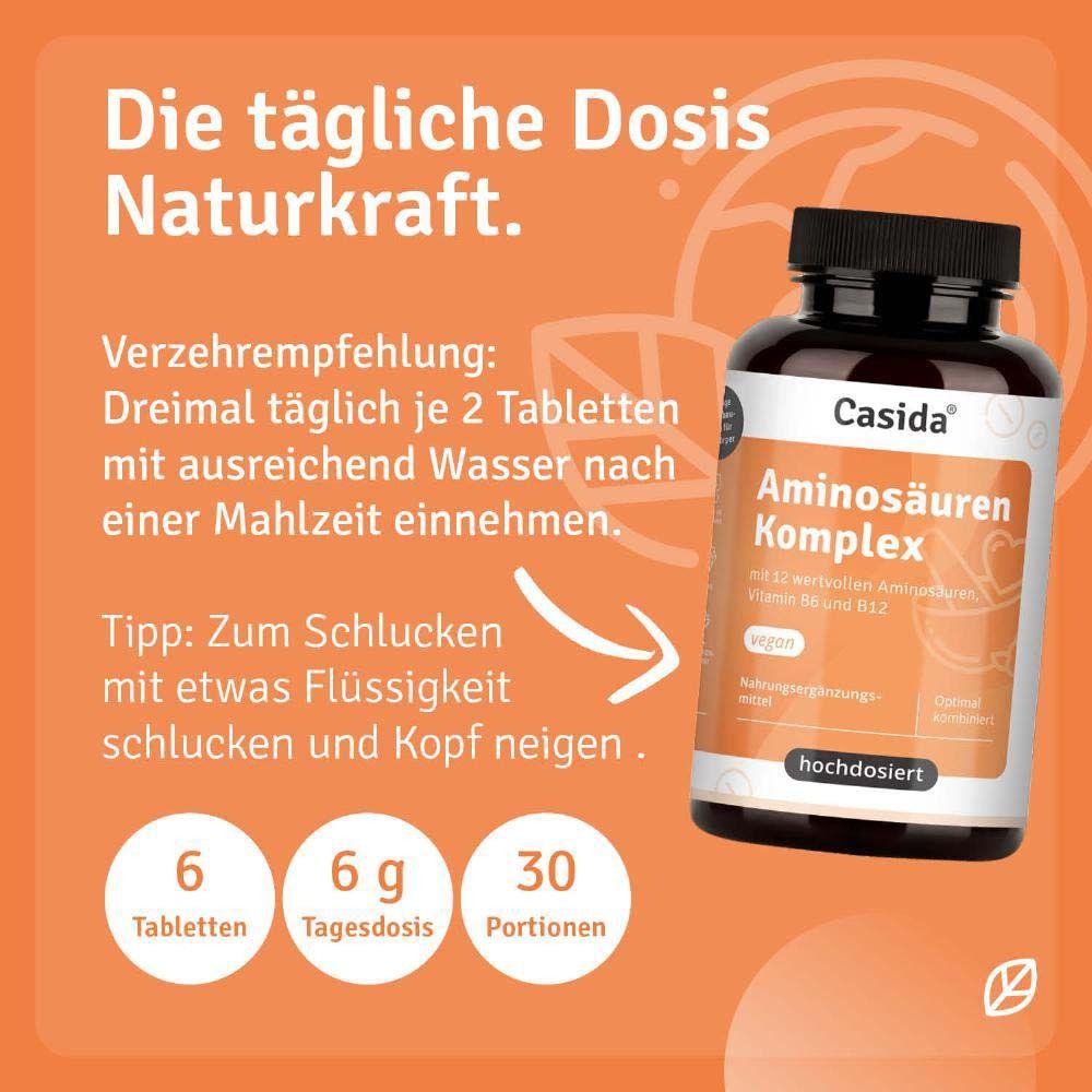 Flasche Casida® Aminosäuren Komplex. Empfehlung: 2 Tabletten mit Wasser nach Mahlzeit. 6 Tabletten, 6g, 30 Portionen.