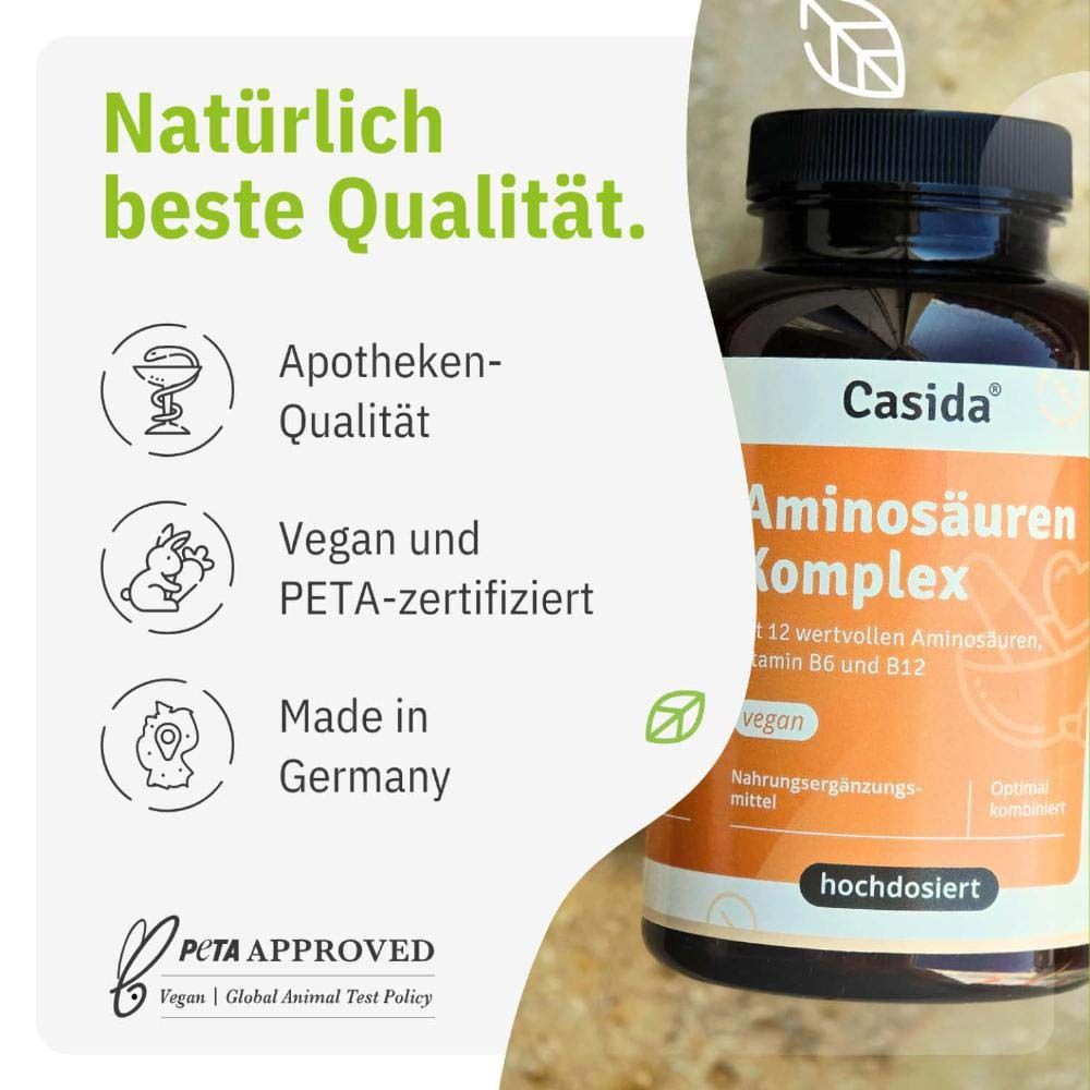 Flasche Casida® Aminosäuren Komplex. Apotheken-Qualität, vegan, PETA-zertifiziert, Made in Germany.