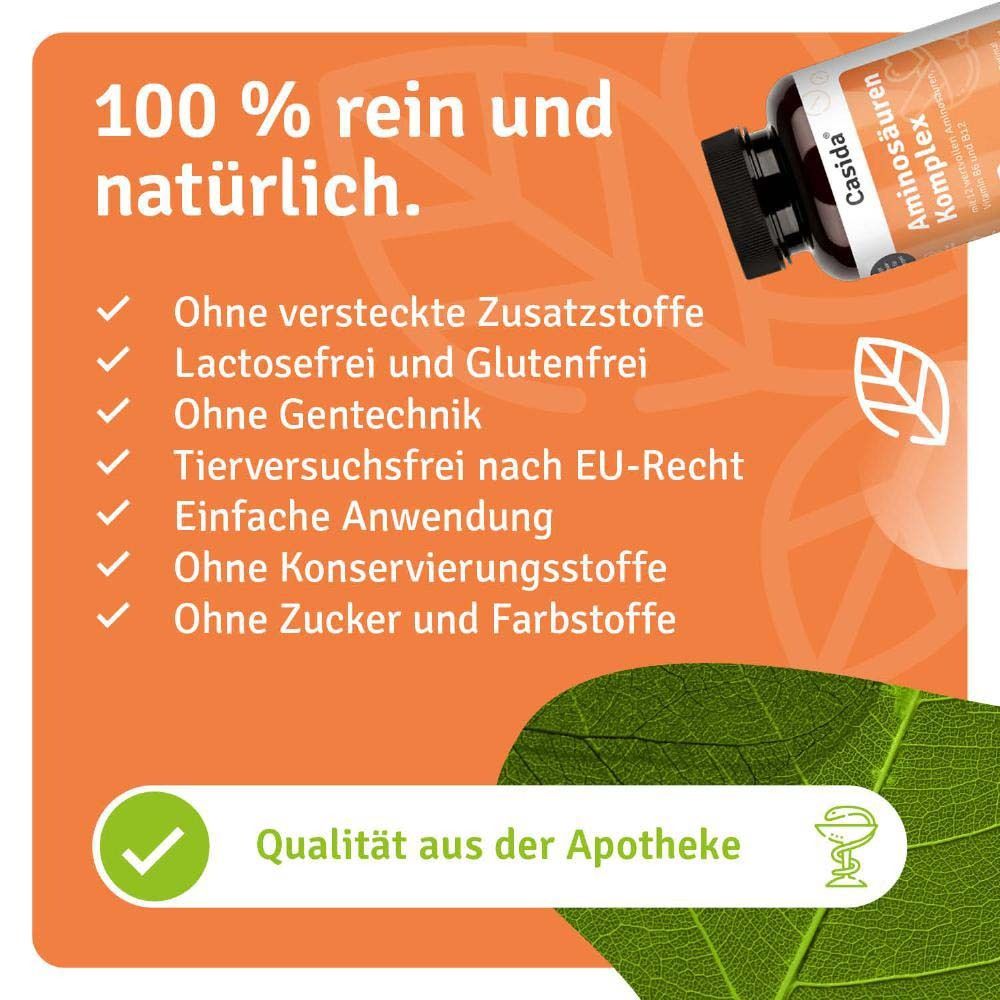 Flasche Casida® Aminosäuren Komplex. Ohne Zusatzstoffe, laktosefrei, ohne Gentechnik. Qualität aus der Apotheke.