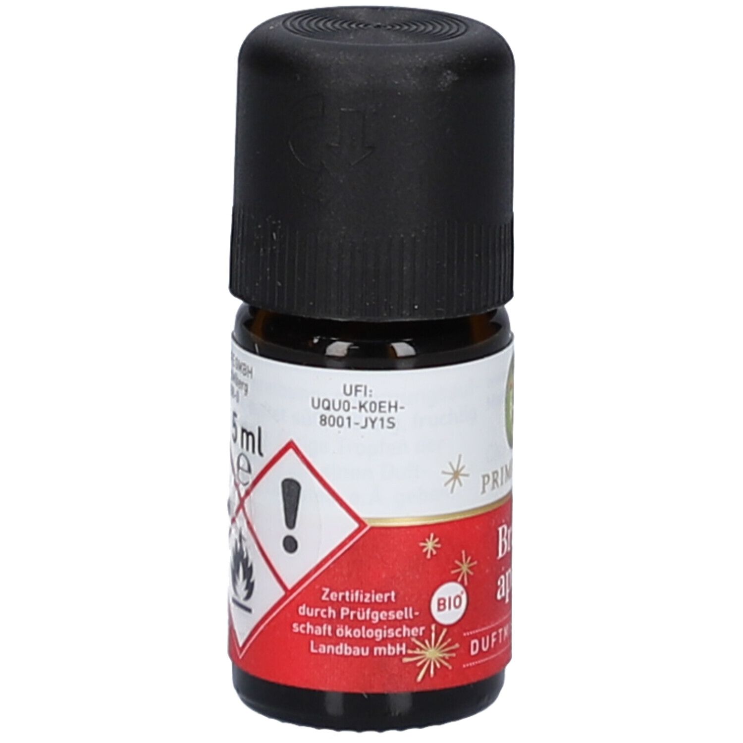 Braunglasflasche mit schwarzem Deckel. Etikett mit Warnsymbolen, "5 ml" und Bio-Zertifizierung.