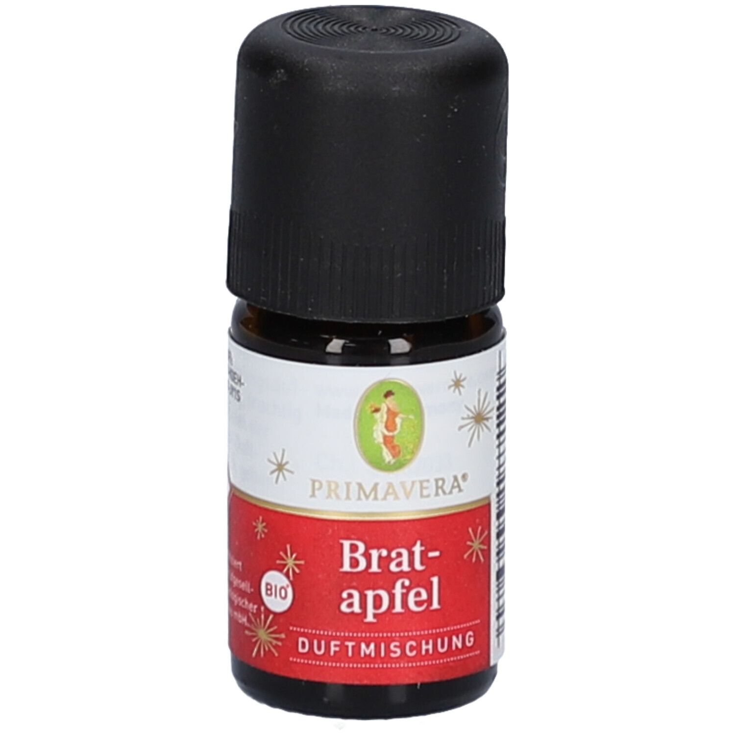 Braunglasflasche mit schwarzem Deckel. Etikett mit "Primavera", "Bratapfel Duftmischung Bio" und Bio-Siegel.