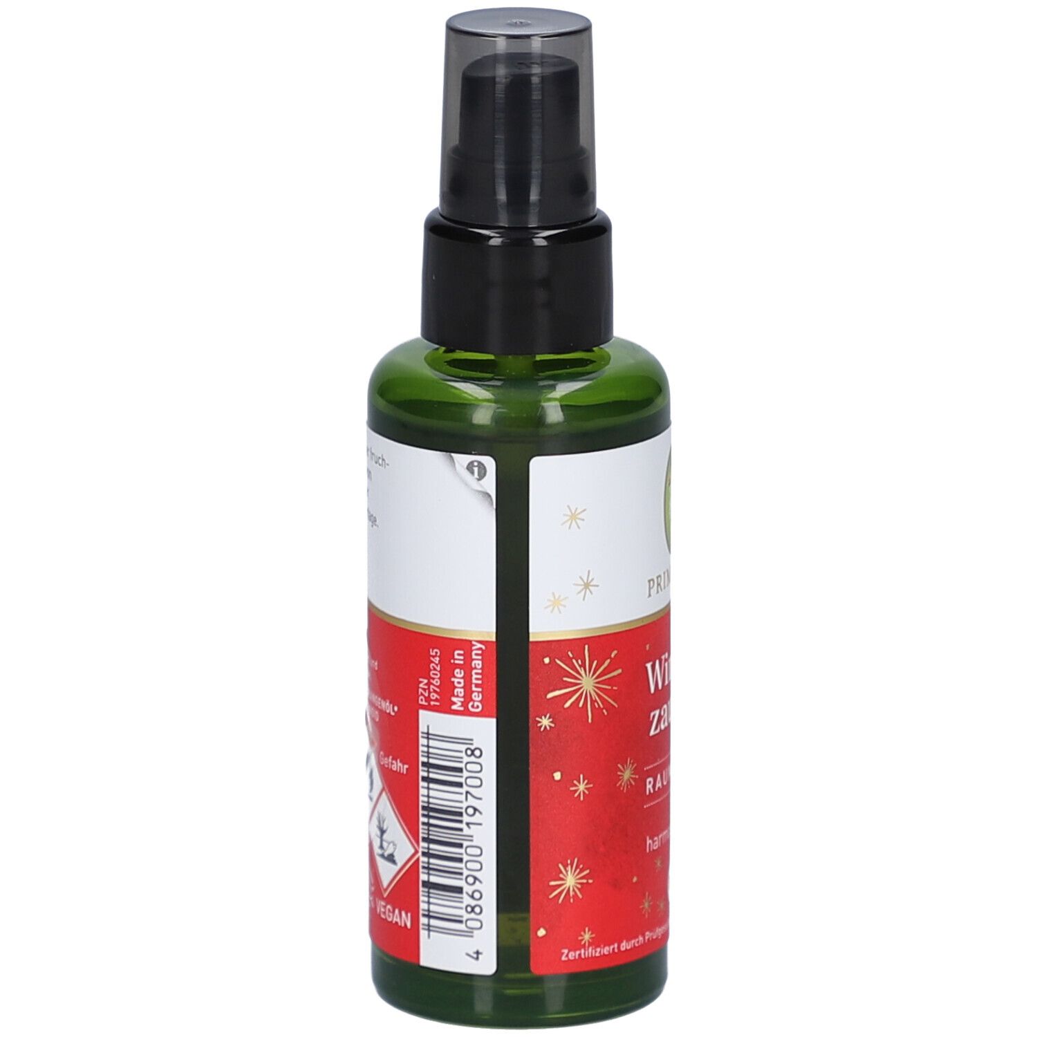 Rückansicht der grünen Glasflasche mit schwarzem Sprühkopf. Etikett mit Barcode, Warnsymbolen und Text. Made in Germany.