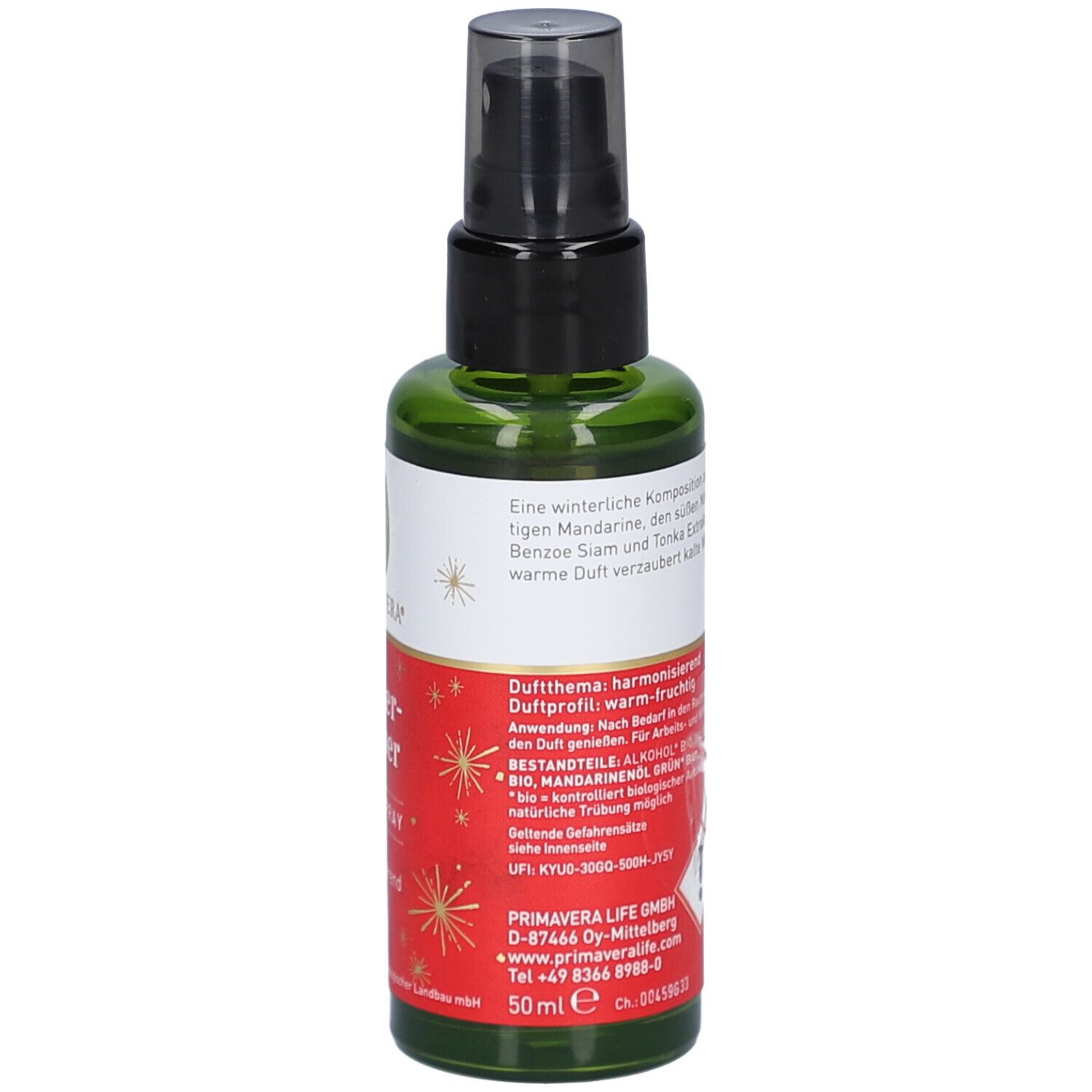 Grüne Glasflasche mit schwarzem Sprühkopf. Etikett mit Produktinformationen, Inhaltsstoffen und 50ml. Vegan-Siegel.