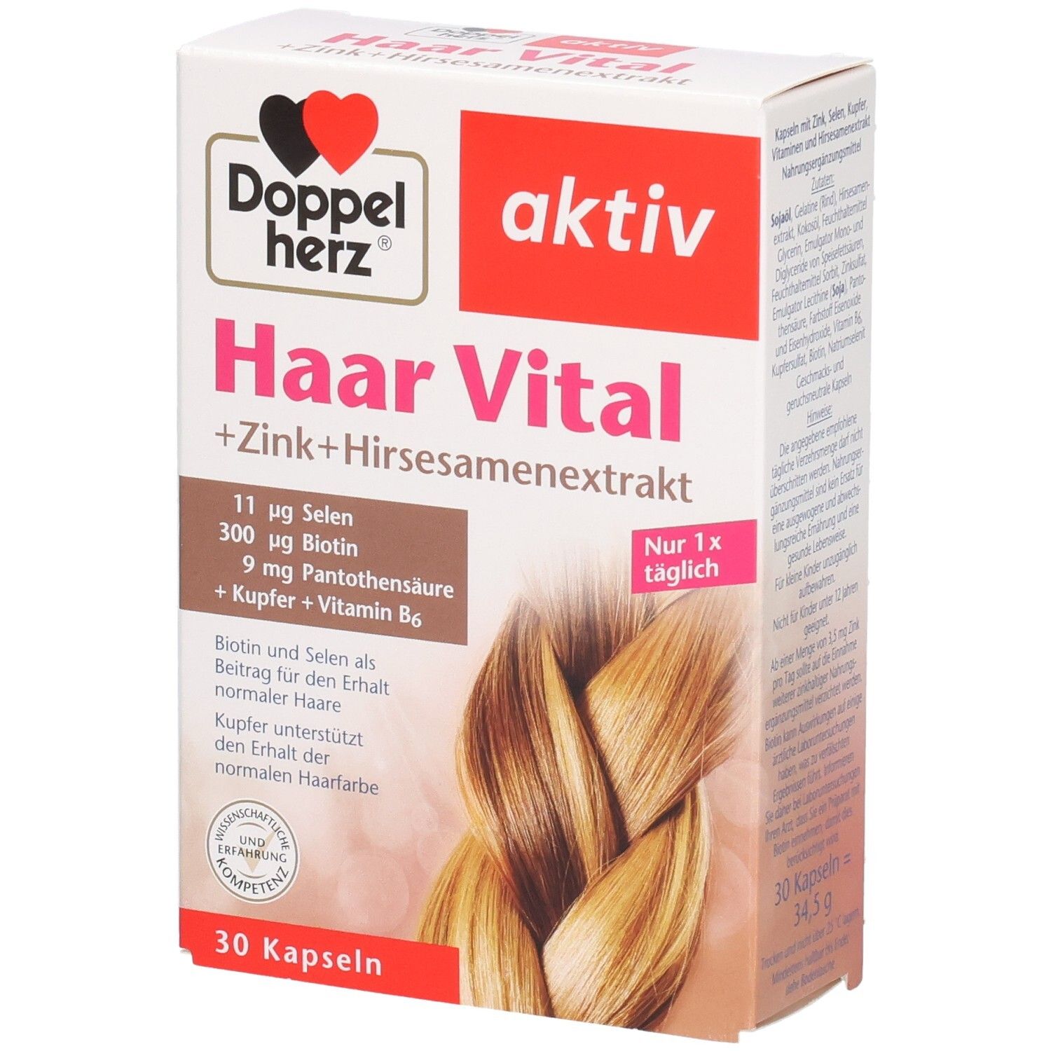 Karton von Doppelherz Haar Vital Kapseln. Enthält Zink, Hirse, Selen, Biotin, Vitamin B6. 30 Kapseln. Aufdruck: aktiv.