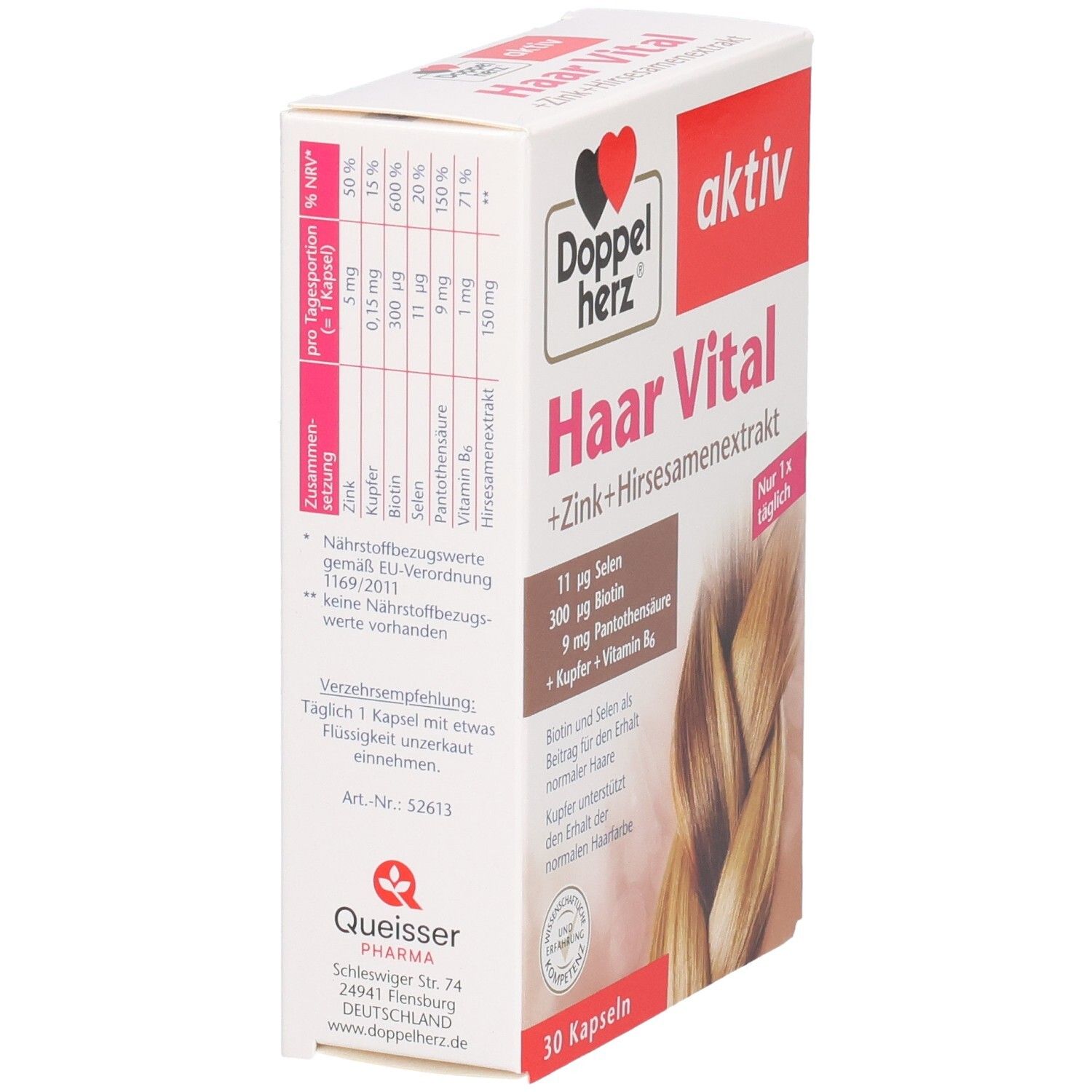 Karton von Doppelherz Haar Vital Kapseln. Seitenansicht. Enthält Zink, Hirse, Selen, Biotin, Vitamin B6. 30 Kapseln.