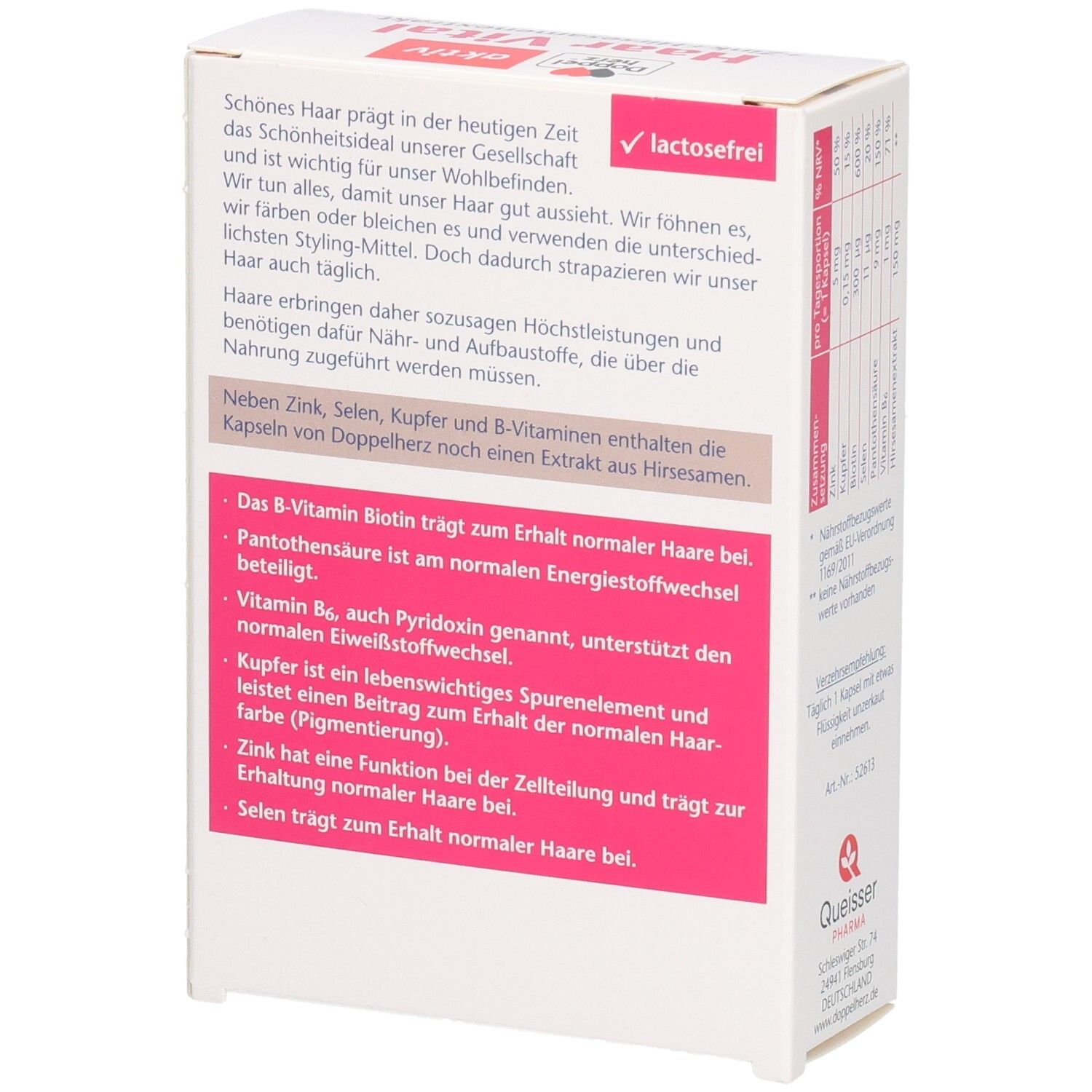 Rückseite der Doppelherz Haar Vital Kapseln. Text über Inhaltsstoffe und Wirkung. Lactosefrei-Symbol.