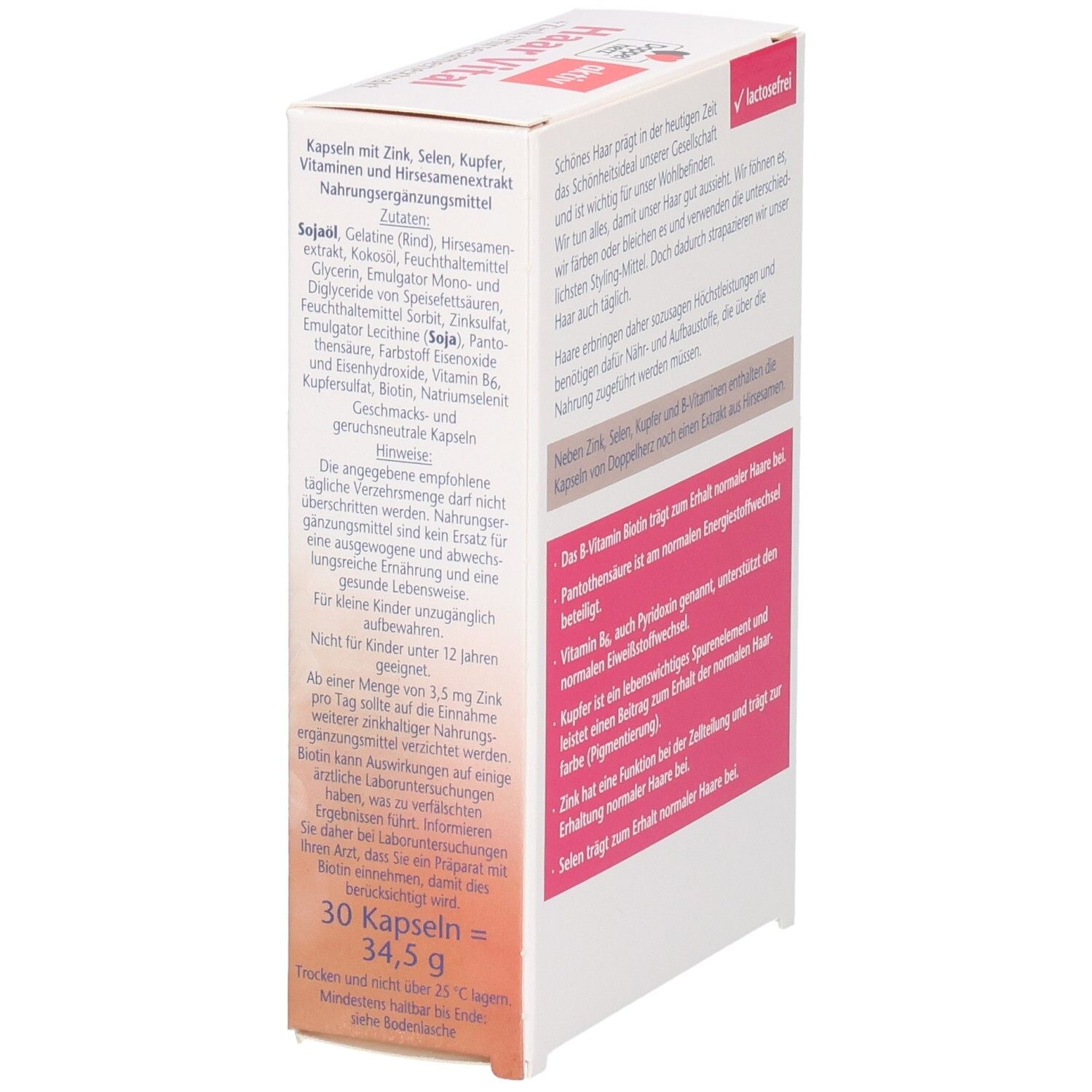 Seitenansicht der Doppelherz Haar Vital Kapseln. Text über Inhaltsstoffe und Anwendung. 30 Kapseln, 34,5 g.