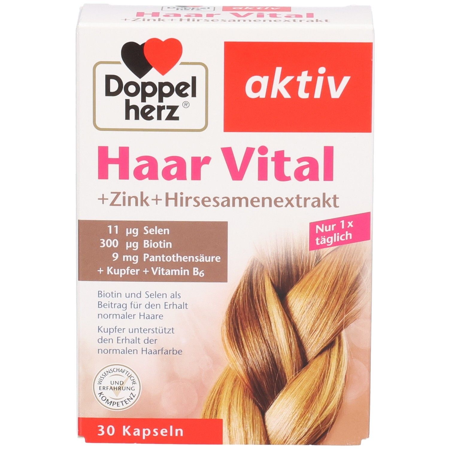 Karton von Doppelherz Haar Vital Kapseln. Enthält Zink, Hirse, Selen, Biotin, Vitamin B6. 30 Kapseln. Aufdruck: aktiv.
