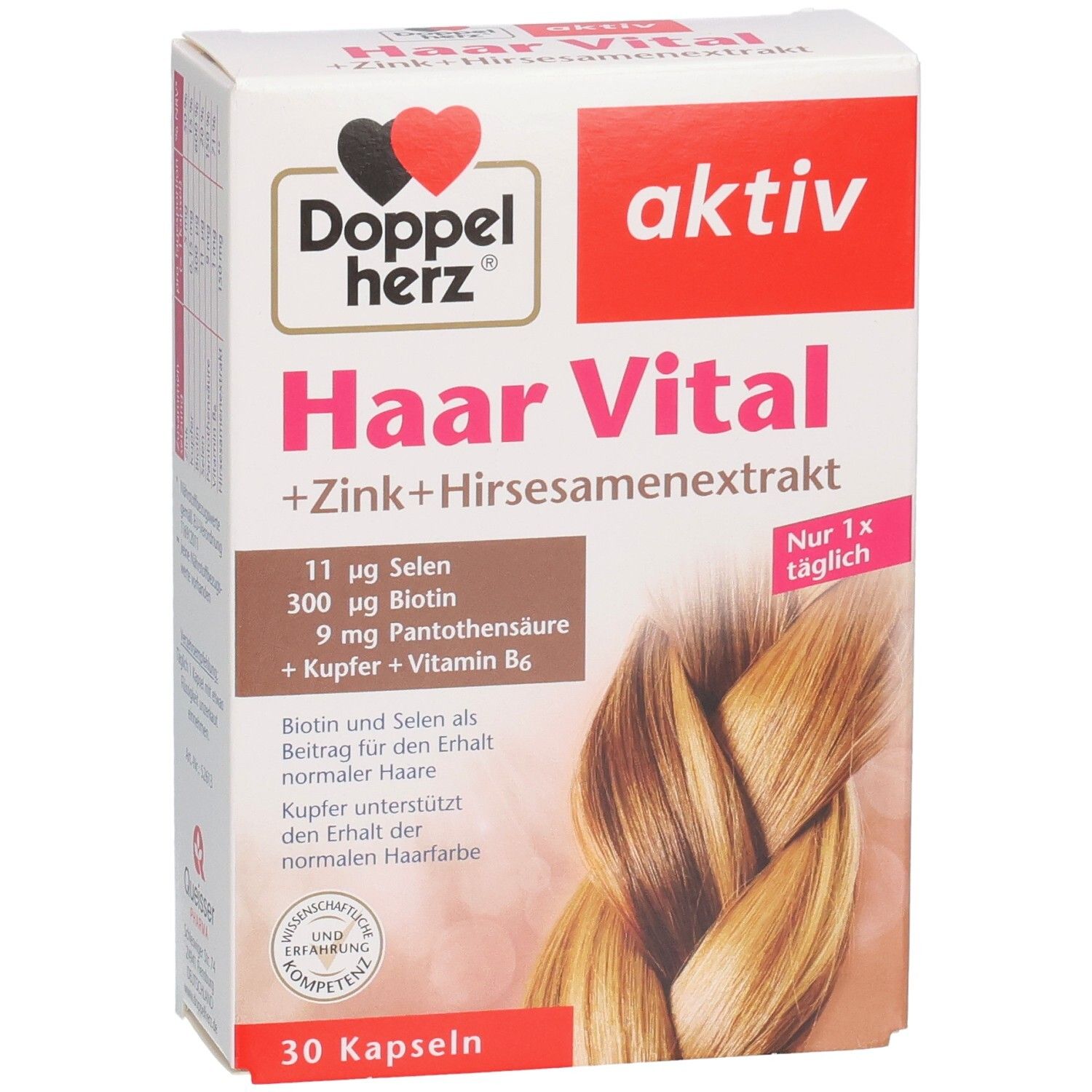 Karton von Doppelherz Haar Vital Kapseln. Enthält Zink, Hirse, Selen, Biotin, Vitamin B6. 30 Kapseln. Aufdruck: aktiv.