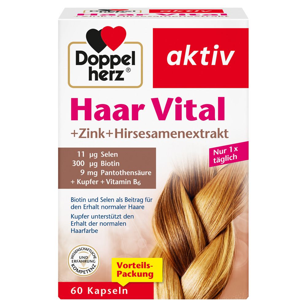 Packung Doppelherz Haar Vital Kapseln mit Zink und Hirseextrakt, 60 Stück.