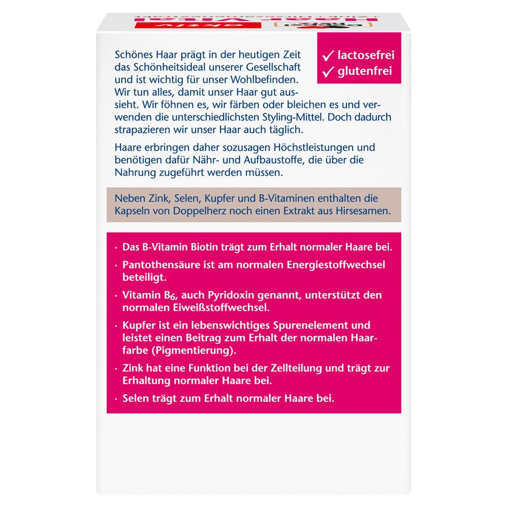 Rückseite der Packung Doppelherz Haar Vital mit Informationen zu Inhaltsstoffen und Wirkung.