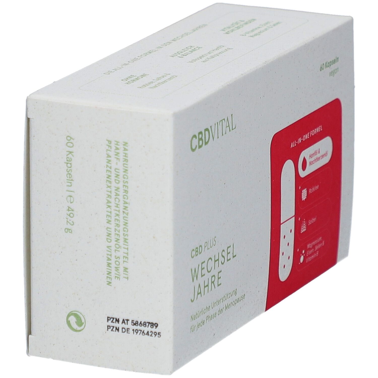 Schachtel mit CBDVITAL-Logo und Produktbezeichnung. Roter Aufkleber mit Inhaltsstoffen. 60 Kapseln, vegan.