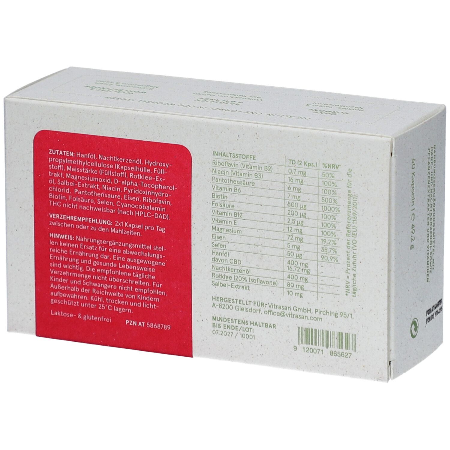 Rückseite der Schachtel mit Inhaltsstoffen und Nährwertangaben. Text in deutscher Sprache. PZN-Nummer.