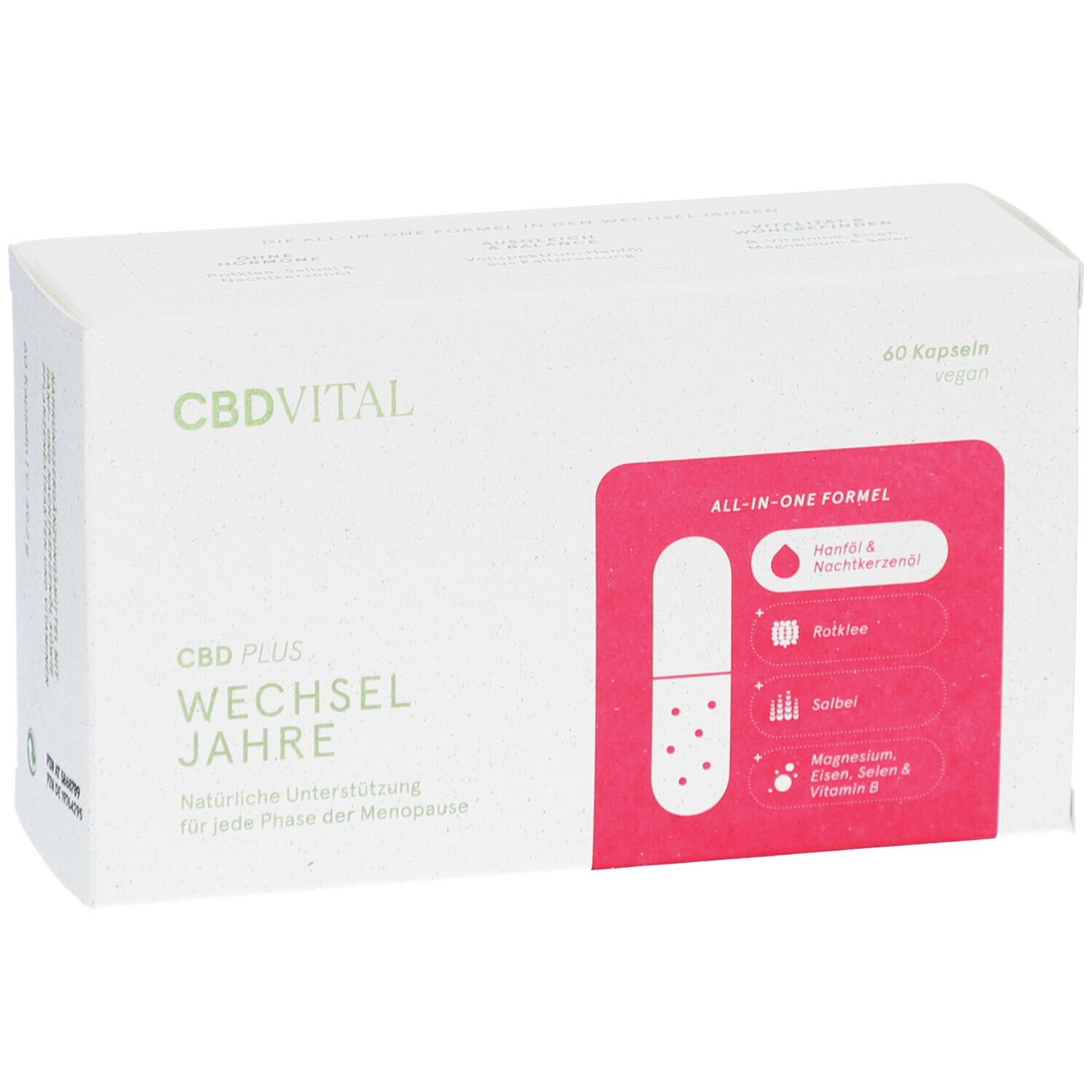 Weiße Schachtel mit CBDVITAL-Logo und Produktbezeichnung. Roter Aufkleber mit Inhaltsstoffen. 60 Kapseln, vegan.