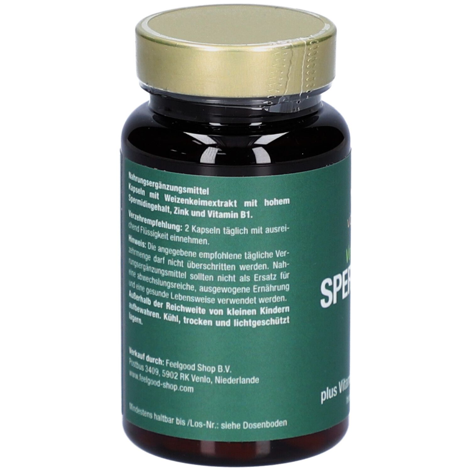 Rückseite einer braunen Flasche mit grüner Aufschrift. Text über Inhaltsstoffe und Verzehrempfehlung.