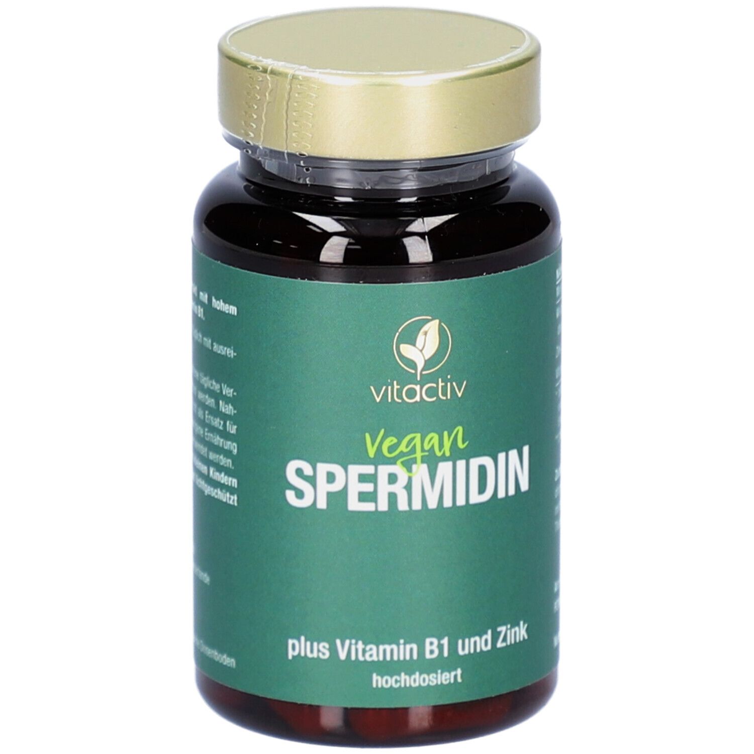 Braune Flasche mit grüner Aufschrift. Enthält Kapseln. Aufschrift: Vegan Spermidin, plus Vitamin B1 und Zink.