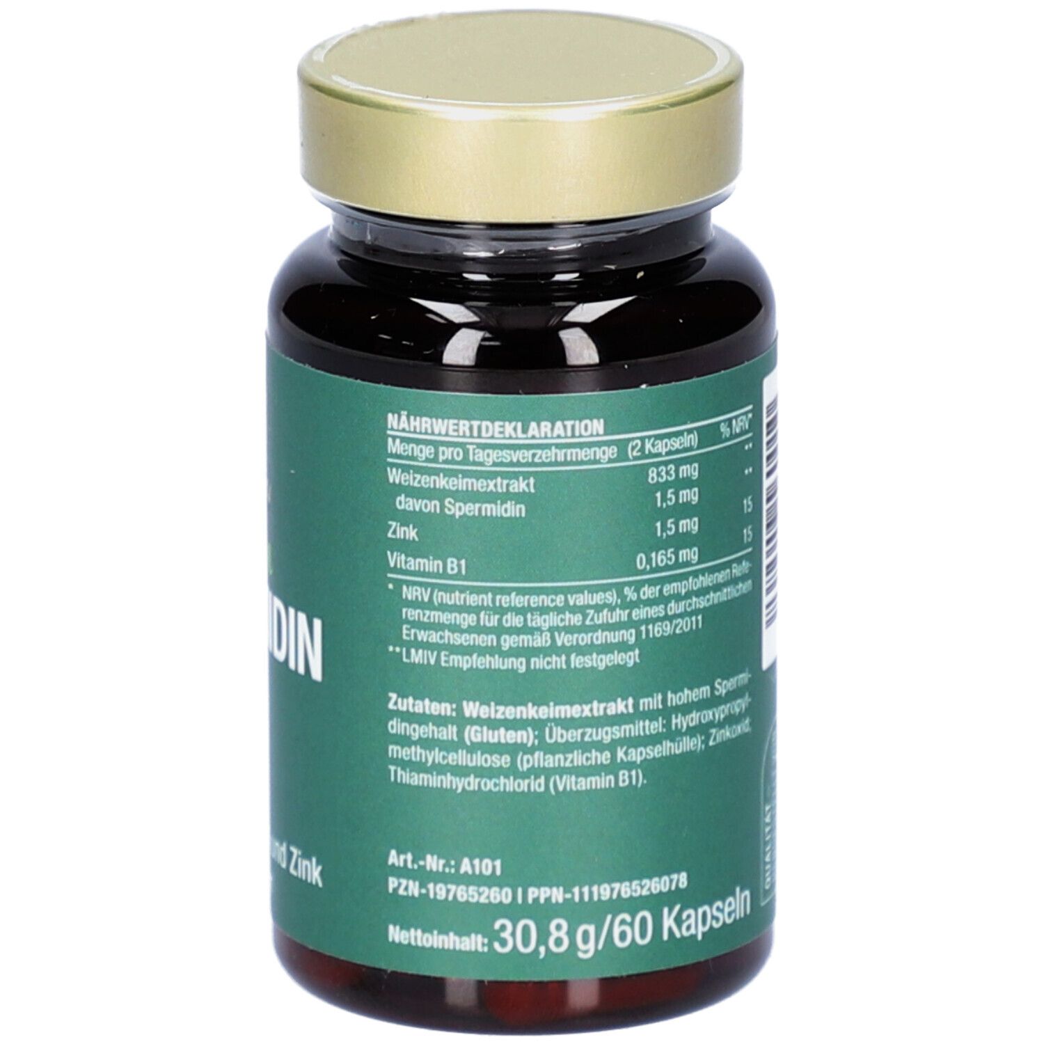 Rückseite einer braunen Flasche mit grüner Aufschrift. Enthält Nährwertangaben und Inhaltsstoffe.