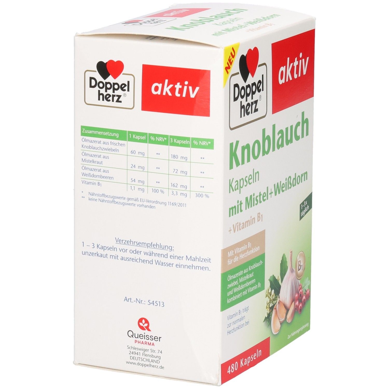 Karton mit Doppelherz Knoblauch Kapseln. Aufschrift: aktiv, Knoblauch Kapseln mit Mistel+Weißdorn +Vitamin B1. Rückseite mit Inhaltsstoffen.